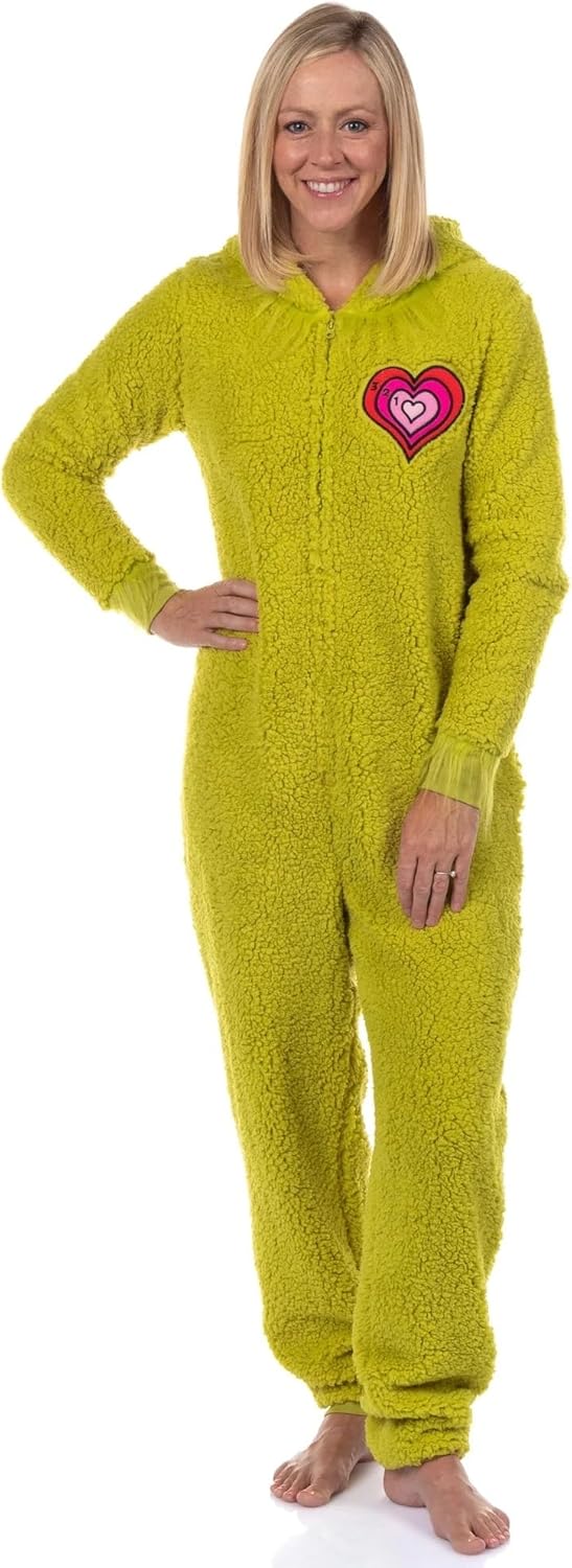 Dr. Seuss the Grinch Pajamas for Women, Soft & Cozy Sherpa Grinch Costume Pajamas for Women, Union Suit for Adults, S-3XL
