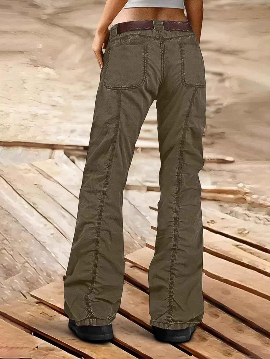 Flamingals Straight Leg Pants for Women Mid Rise Casual Cargo Solid Patch Pockets Stitch Detail Pants - Image 4