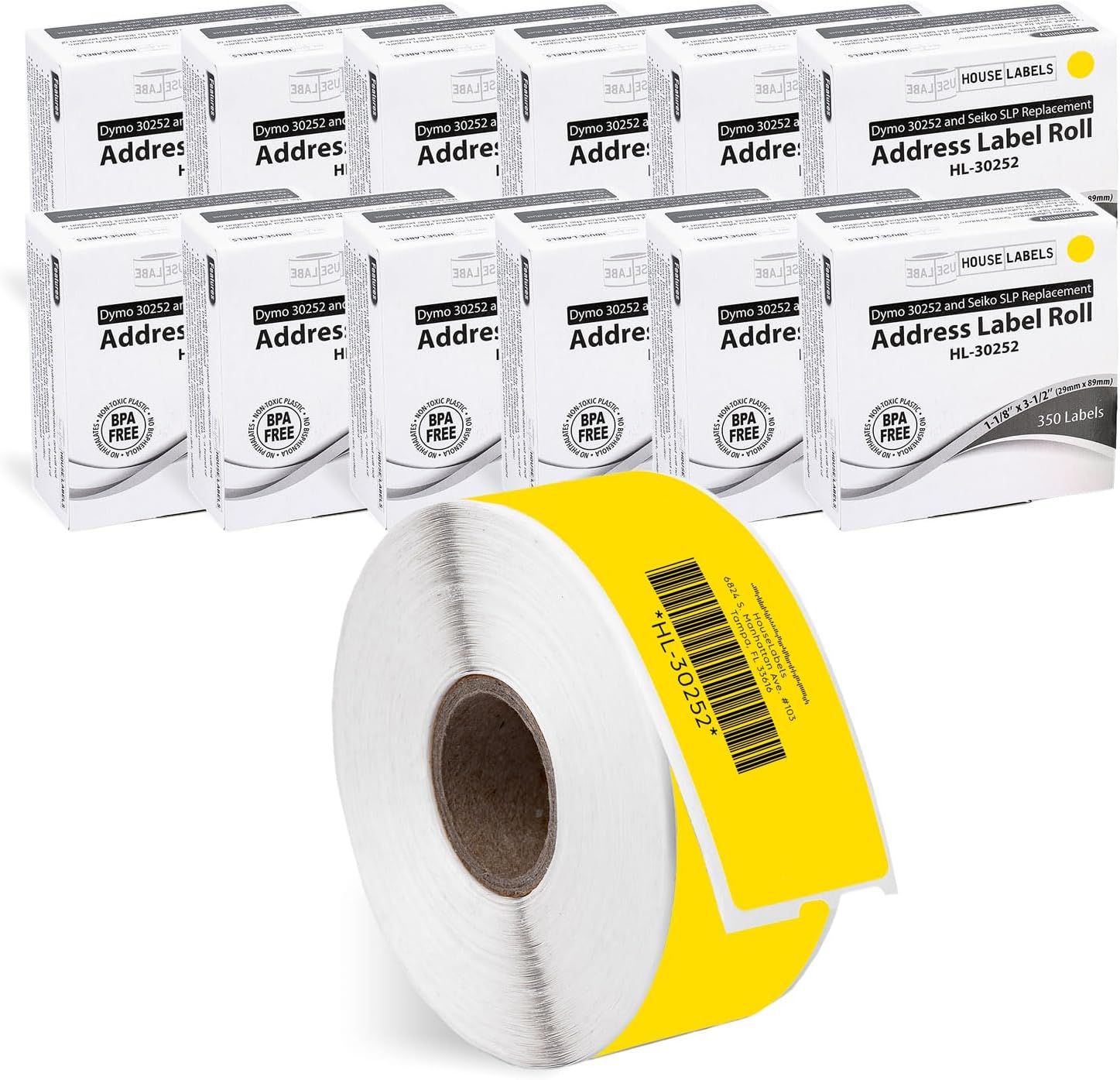 HOUSELABELS Compatible DYMO 30252 Yellow Address Labels (1-1/8" x 3-1/2"), Strong Permanent Adhesive, Compatible with DYMO LW 450, 4XL, Rollo & Zebra Desktop Printers, 10 Rolls /3500 Labels