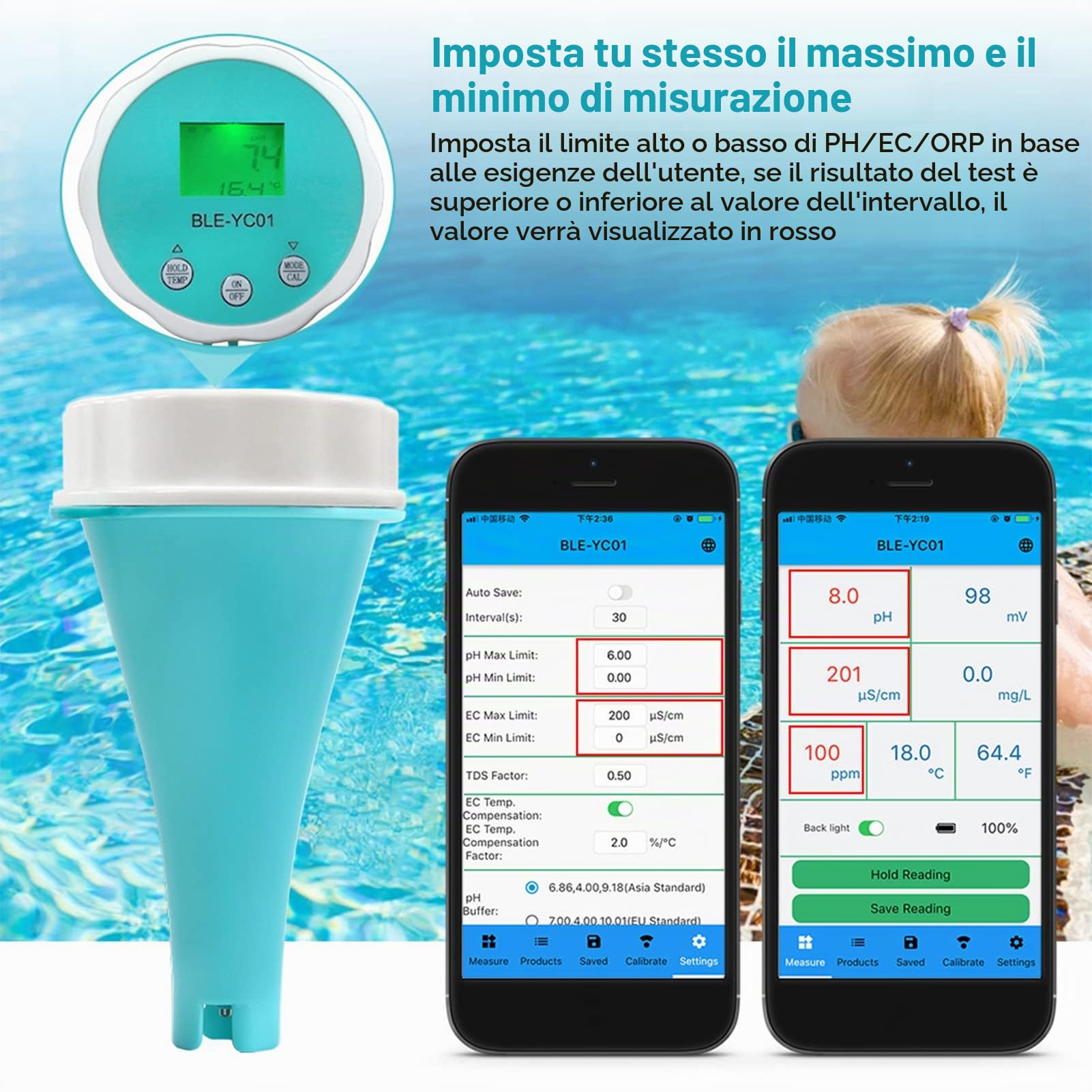 Tester Dell'acqua Digitale, Misuratore Dell'acqua, 6 in 1 PH EC TDS ORP TEMP Penna per Tester Dell'acqua per Cloro Residuo per Piscina con Acqua Potabile