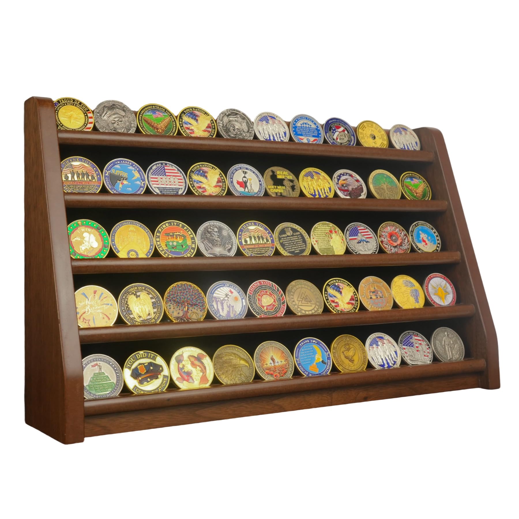TJWZXX Challenge Coin Display Case, 5 Rows Military Wooden Holder Stand Holds 45 Coins for Wall or Desk Display, Coin Rack for Army Collection
