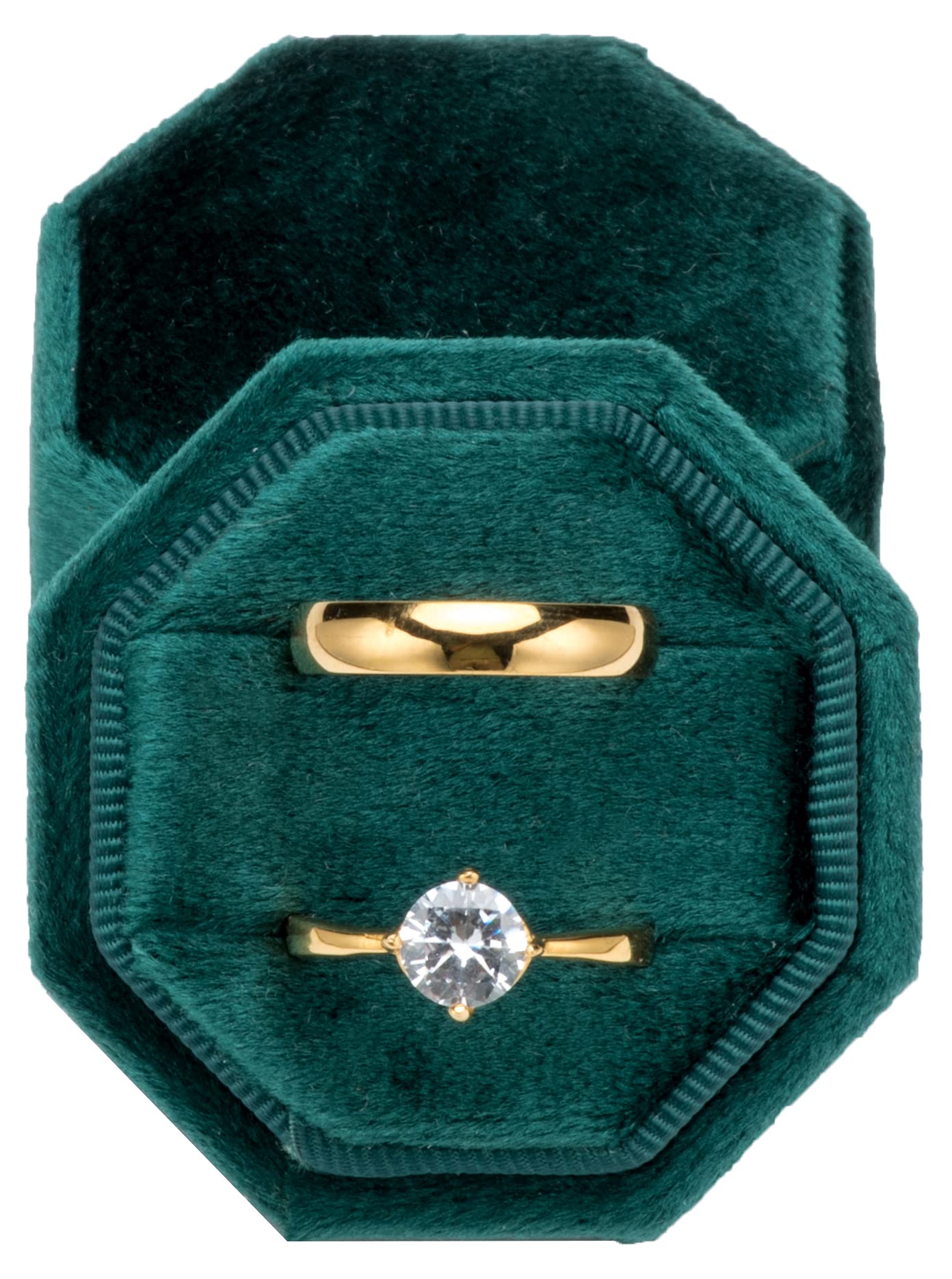Pokofo Green Premium Velvet Ring Bearer Box For Proposal Engagement Wedding Ceremony - Equilateral Octagon Vintage Double Ring Display Holder With Detachable Lid (Green)