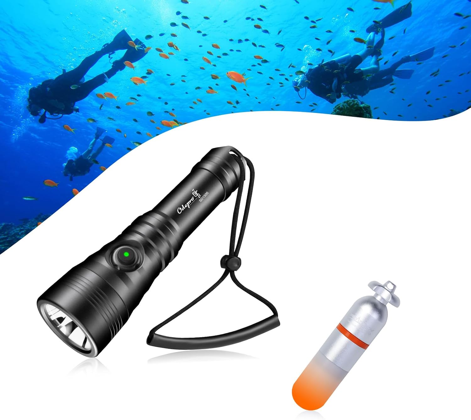 ORCATORCH SD01PRO Odepro SD1500 Dive Light Bundle - 1500 Lumens Primary Torch + Emergency Beacon for Scuba/Night Diving