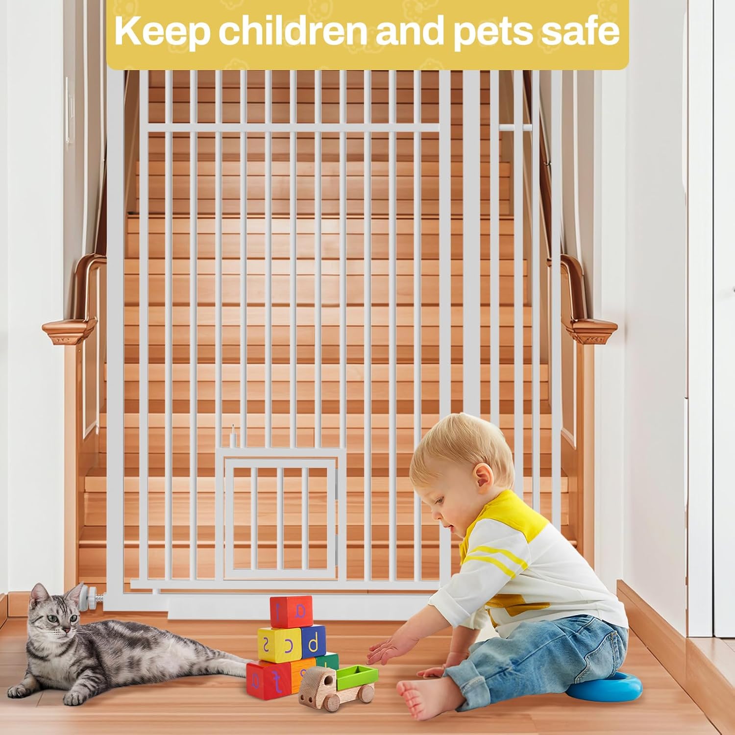 BEURUKU 78.3" Extra Tall Pet Gate for Cat Dog, 29.3" -32" Wide Baby Gate with Cat Door, NO Drilling Pressure Mounted for Doorways, Stairs, Hallways, White