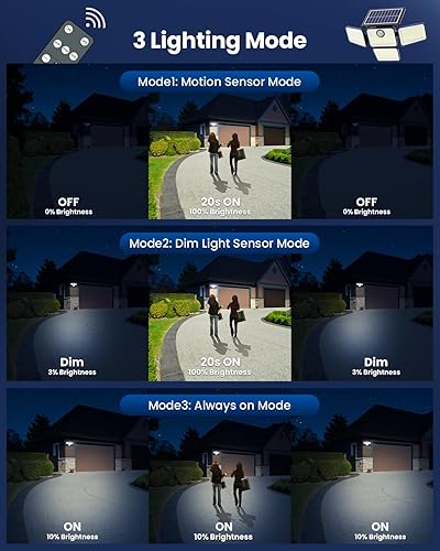 Miniatura 7 de Luces solares impermeables para exteriores, 6000 lúmenes, sensor de movimiento de 4 cabezales, luces de inundación solares con control remoto para
