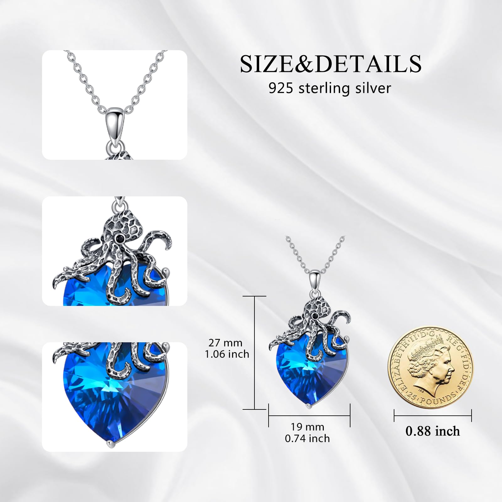 Plesitep Oktopus-Kristall-Halskette, 925er-Sterlingsilber, Oktopus-Anhänger, grün/blauer Kristallanhänger, Oktopus-Schmuck für Damen