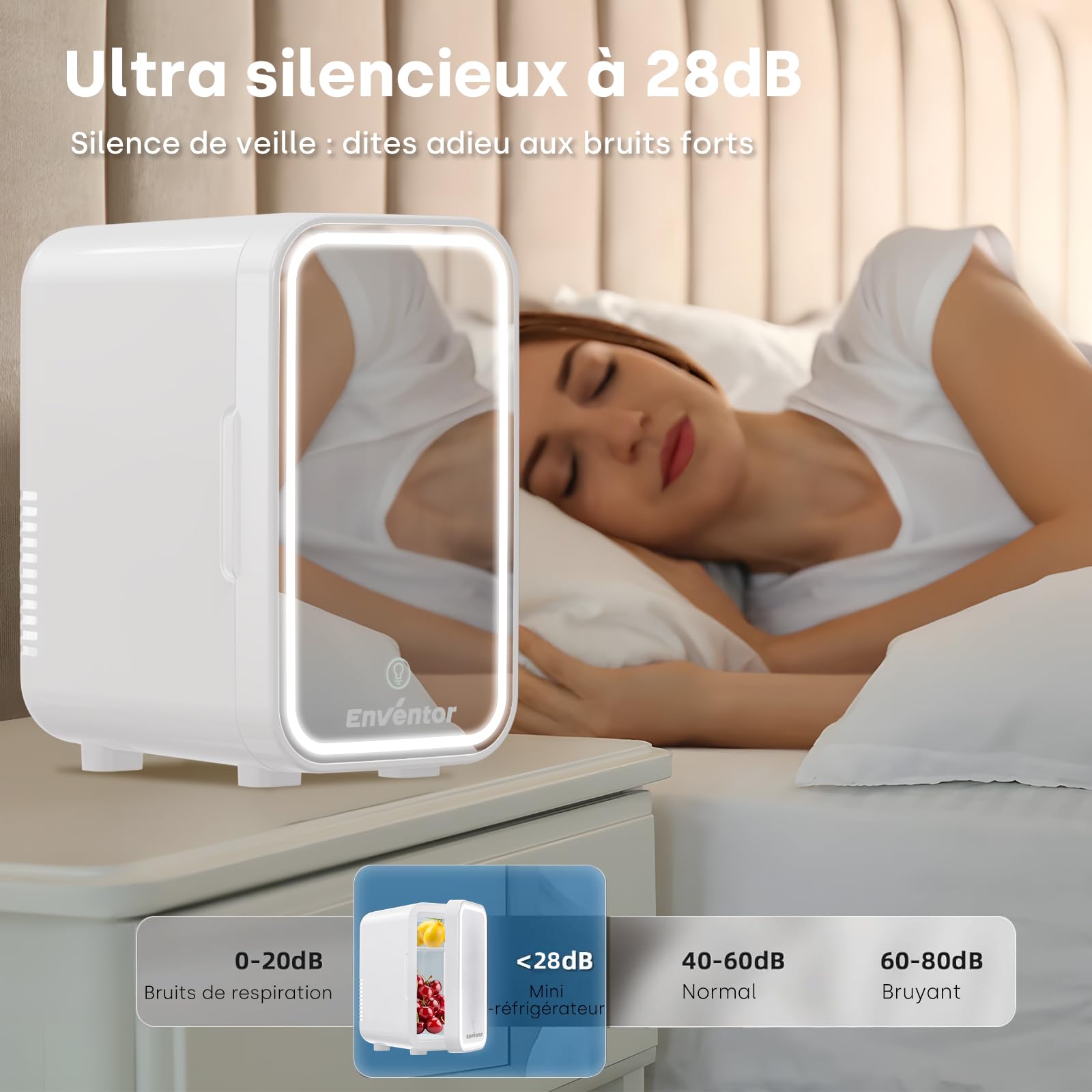 Enventor Mini Frigo avec miroir lumineux LED, 6L/8 canettes, Blanc | Petit Frigo pour soins de la peau, CA + 12V CC, refroidisseur et réchauffeur, pour chambres, voiture, cosmétiques