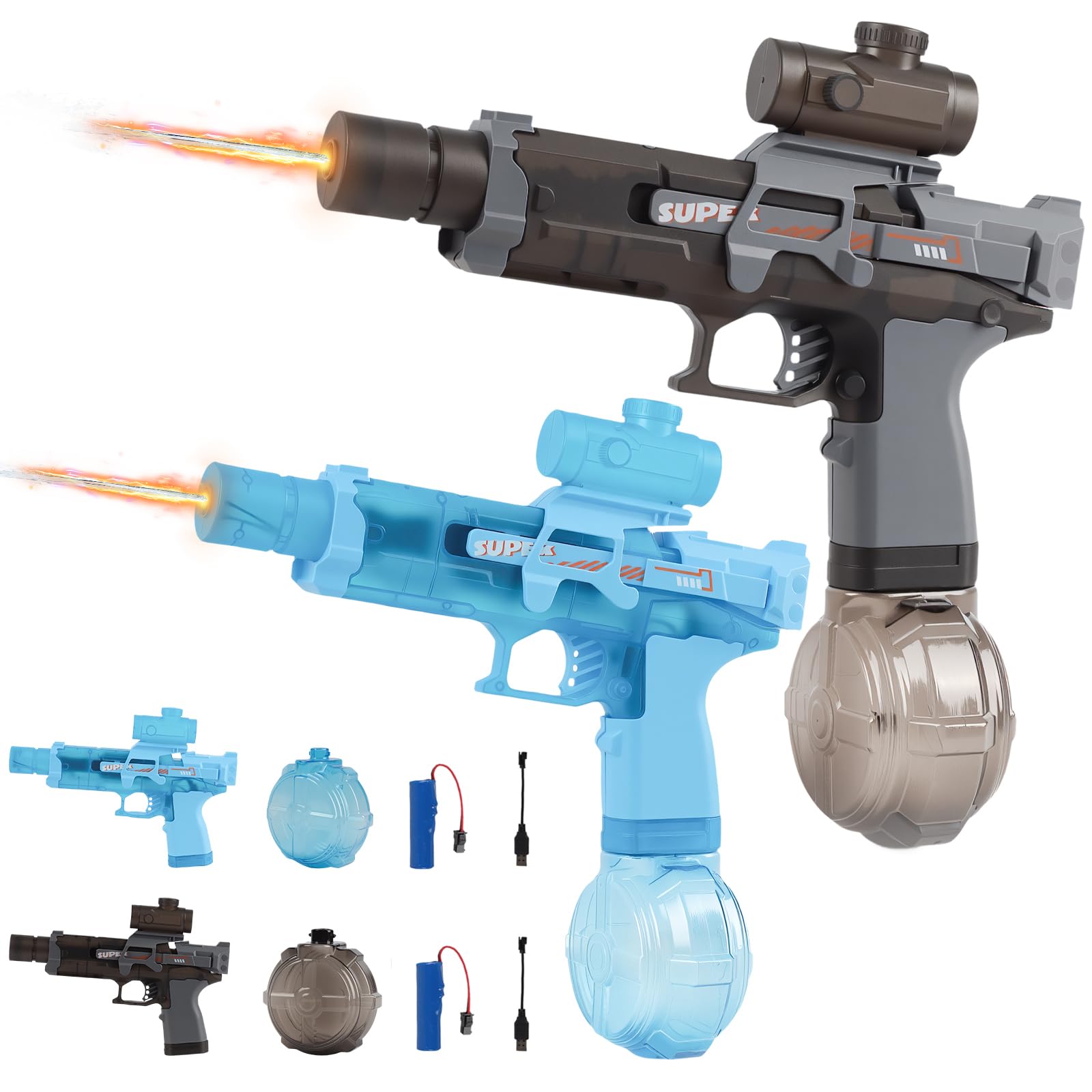 2 PCS Electric Water Gun - Automatic Continuous Water Pistol with Light, Rechargeable Water Blaster Guns for Kids Adults, Outdoor/Summer/Party/Swimming Pool/Garden/Beach Toy Guns - Grey + Blue