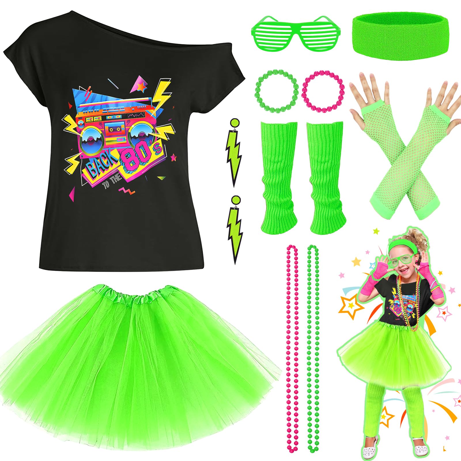80s Costume Accessories Set for Girls, Fancy Dress Neon Party Outfit with T-shirt Tutu Skirt Fishnet Gloves Leg Warmers Earrings Bracelets Necklaces Glasses Headband for Retro Party Cosplay-m