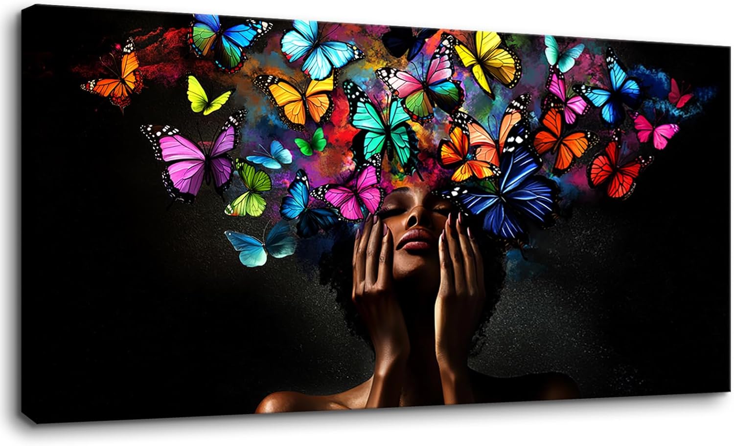 Colorful Butterfly Wall Art, Fashion African Woman Canvas Wall Decor, Fashion Black Women Wall Art Black Female Pictures Prints,for Home Bedroom Living Room Decor, 48 x 24 inches YS1508 48L" x 24W" Butterfly Black Woman