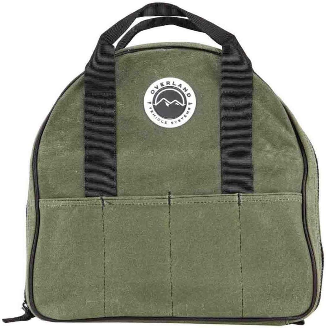 Overland Vehicle Systems Jumper Cable Storage Bag - #16 Waxed Canvas - Infused with Paraffin Wax Waterproofing - 7 Outside Tool Pockets, 3 Internal Tool Pockets, Two Heavy Duty Velcro Straps