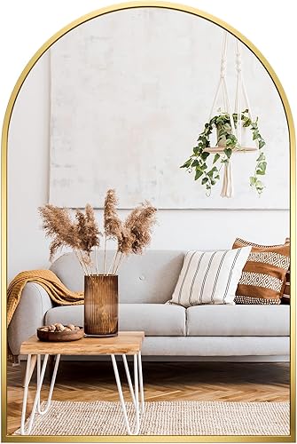 Faxamol Espejo de pared arqueado, espejo arqueado dorado de 24 x 36 pulgadas para pared, marco de aleación de aluminio, espejo de tocador montado en