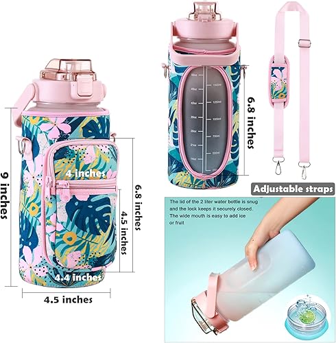 Miniatura 5 de RYI Botella de agua de medio galón con funda y correa, botellas de agua motivacionales de 64 onzas con pajilla, jarra de agua grande de boca ancha