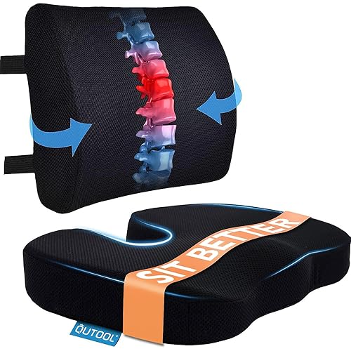 Seat Cushion & Lumbar Support Pillow for Office Chair, Car, Wheelchair Memory Foam Desk Chair Cushion for Sciatica, Lower Back & Tailbone Pain Relief Desk Pad with Adjustable Strap 3D Washable Cover