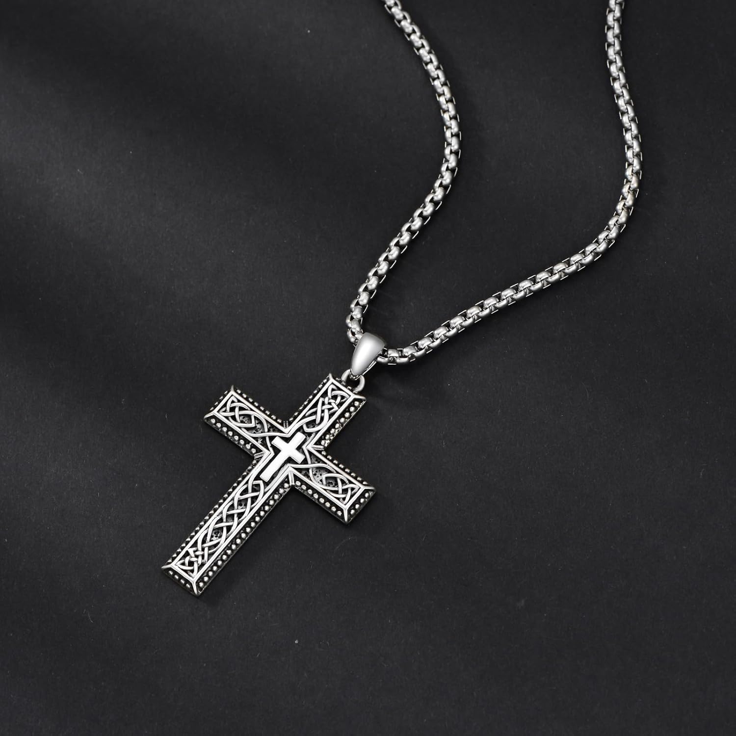 Celtic Cross Necklace for Men Sterling Silver Celtic Cross Pendant with Stainless Steel Chain Silver Cross Necklace for Men - Image 5