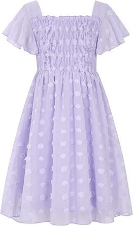 Kids4ever Girls Chiffon Lace Dress Flutter Sleeve Square Neck (6 12T)