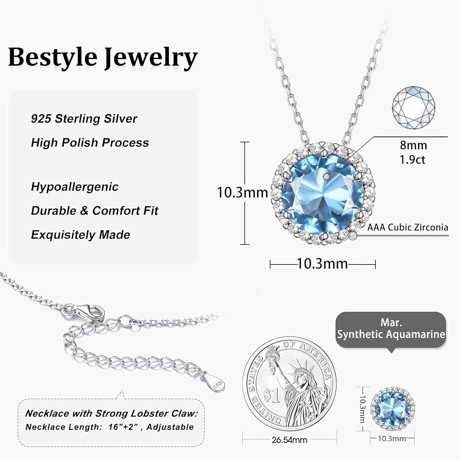 Bestyle Sparkling 925 Sterling Silver Birthstone Necklaces for Women, Created Heart/Round/Teardrop/Square Crystal Solitaire Pendant Diamond Necklace, Great Birthday/Anniversary/Wedding Gifts - Image 6