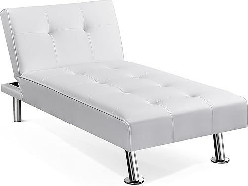 Yaheetech Tumbona de piel sintética convertible para interiores, tumbona copetuda con patas de metal cromado, se convierte en reclinablecama, color