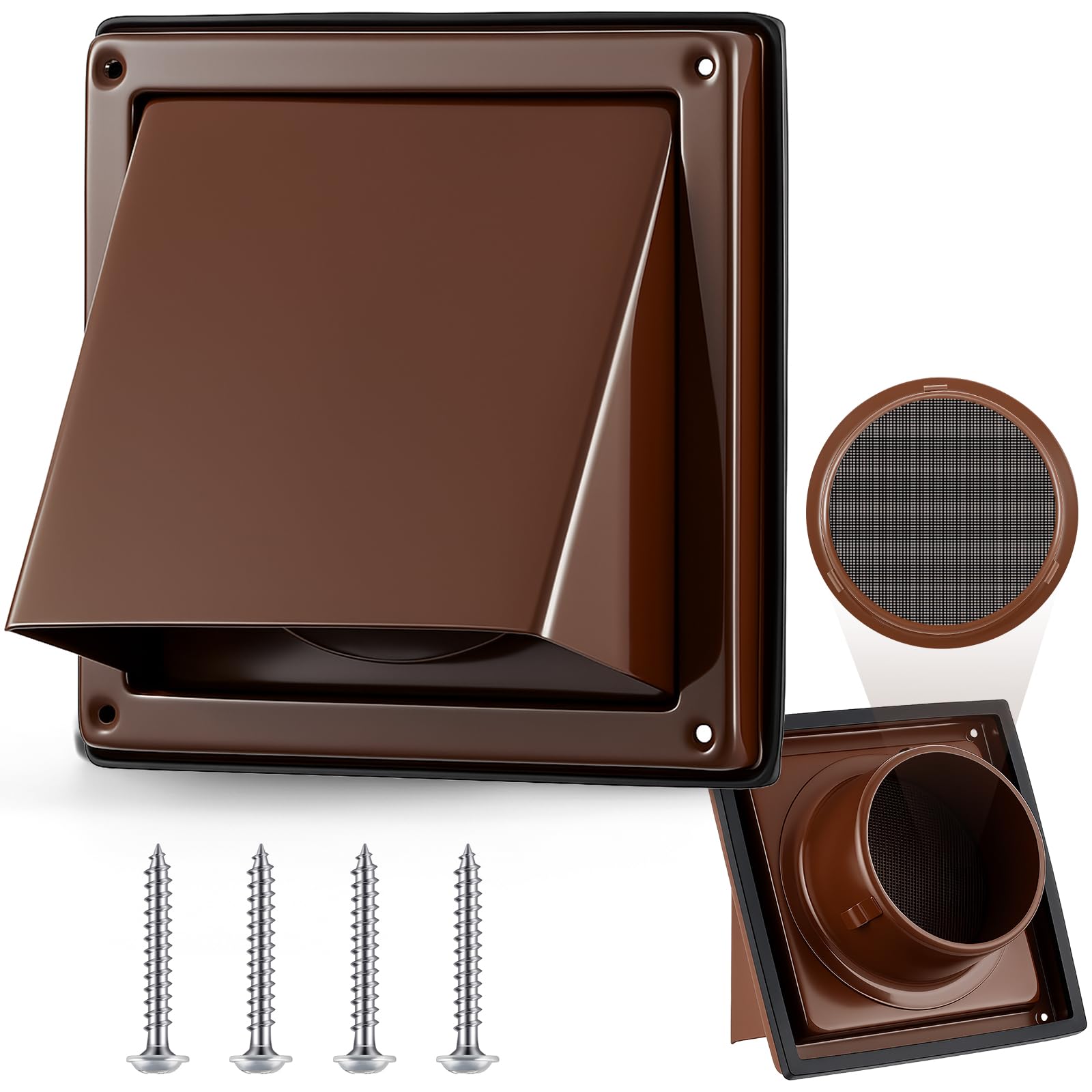 Gisafai 6 Inch Dryer Vent Cover Outdoor with Stainless Steel Screen Brown Wall Dryer Exhaust Vent Cover External Cap Cushioned Non Return Flap with Sealing Gasket Grille, Bird/Insect Proof