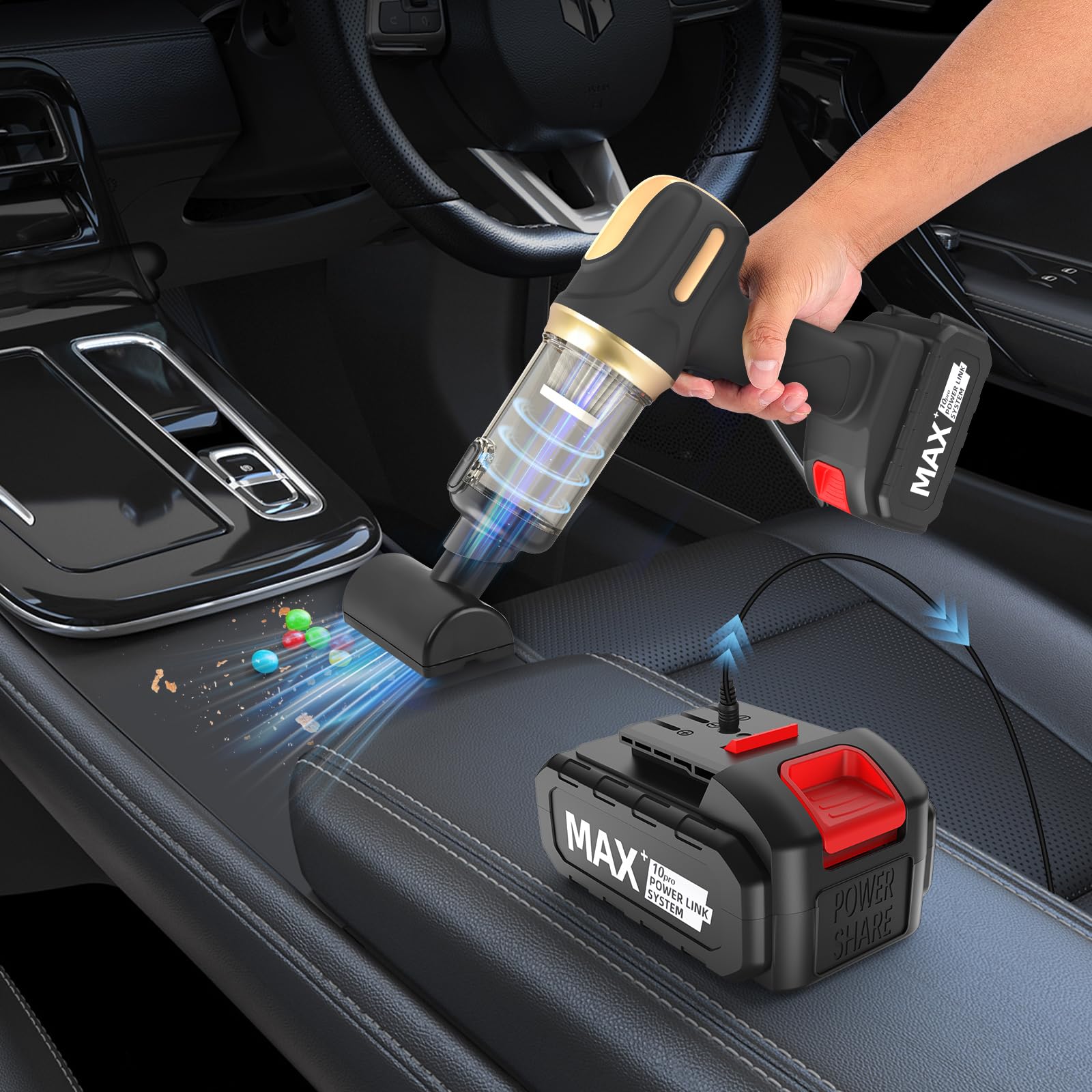 Tiazhan Aspirador de Mano, 21000 Pa/120W Aspirador Coche Potente, 7 en 1/USB Aspiradora Coche, con Batería Extraíble (10000 mAh), para la Limpieza de Automóviles, Hogares y Pelo de Mascotas,Oficina