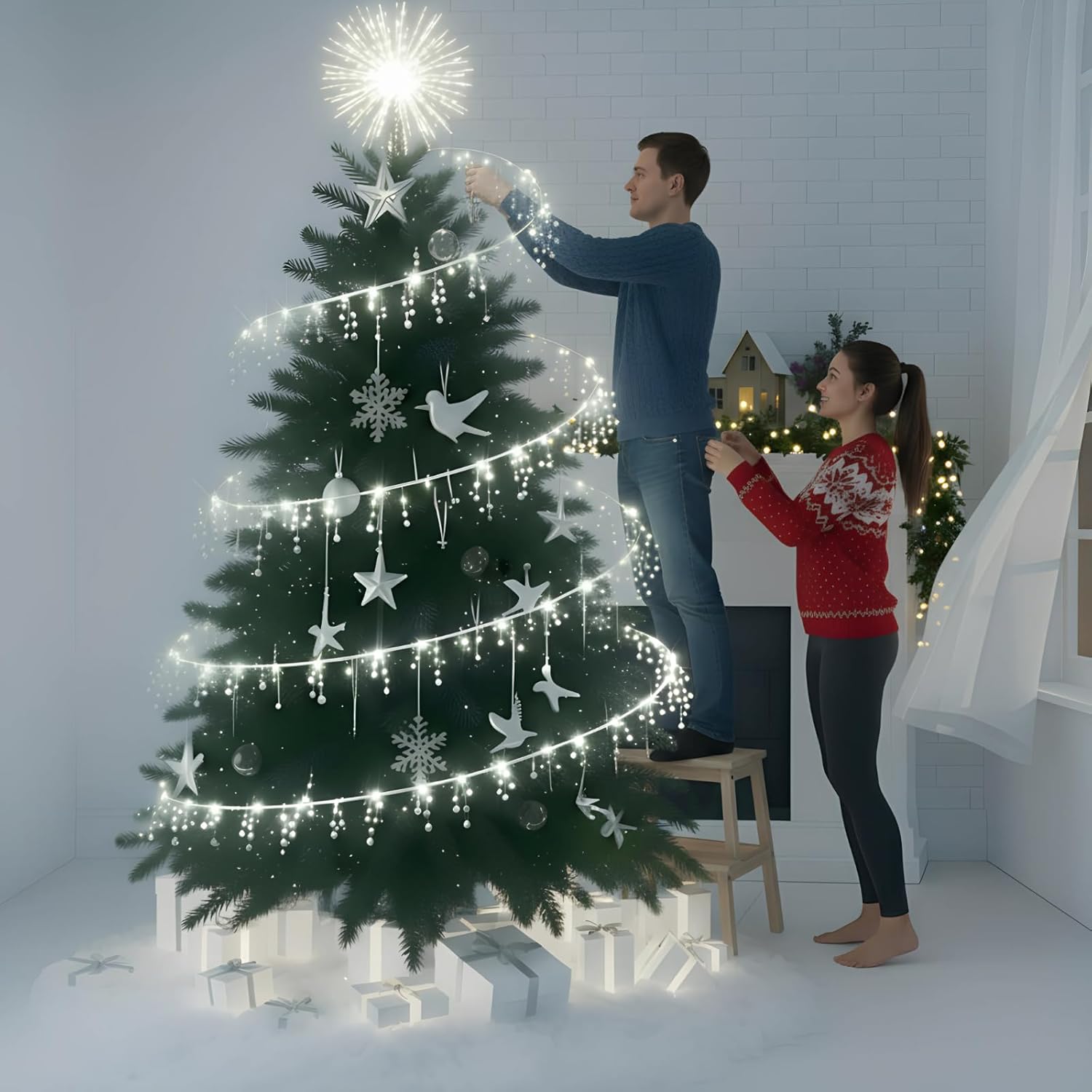 Hiboom 33ft Christmas Tree Crystal Fairy Light Garland Decor Acrylic Crystal Diamond LED Garland Strands with Ice Strings and Iron Wire Hanging Ornament for Xmas Tree Winter Frozen Party Decorations