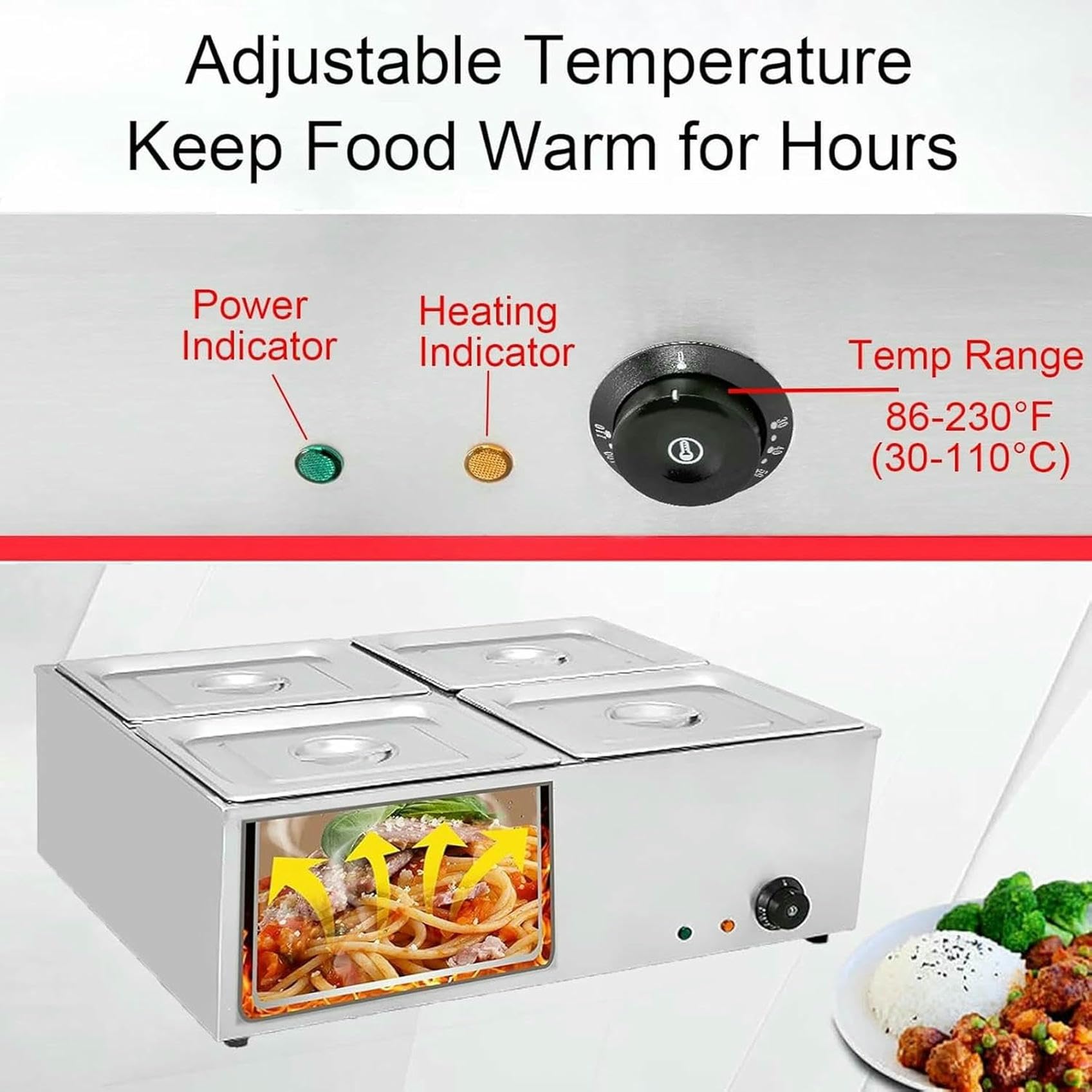 Buffet Profesional de Acero Inoxidable, 1500 W, Calentador de Alimentos Comercial para Buffet, con Control de Temperatura y Tapa, para Fiestas, Catering y restaurantes.