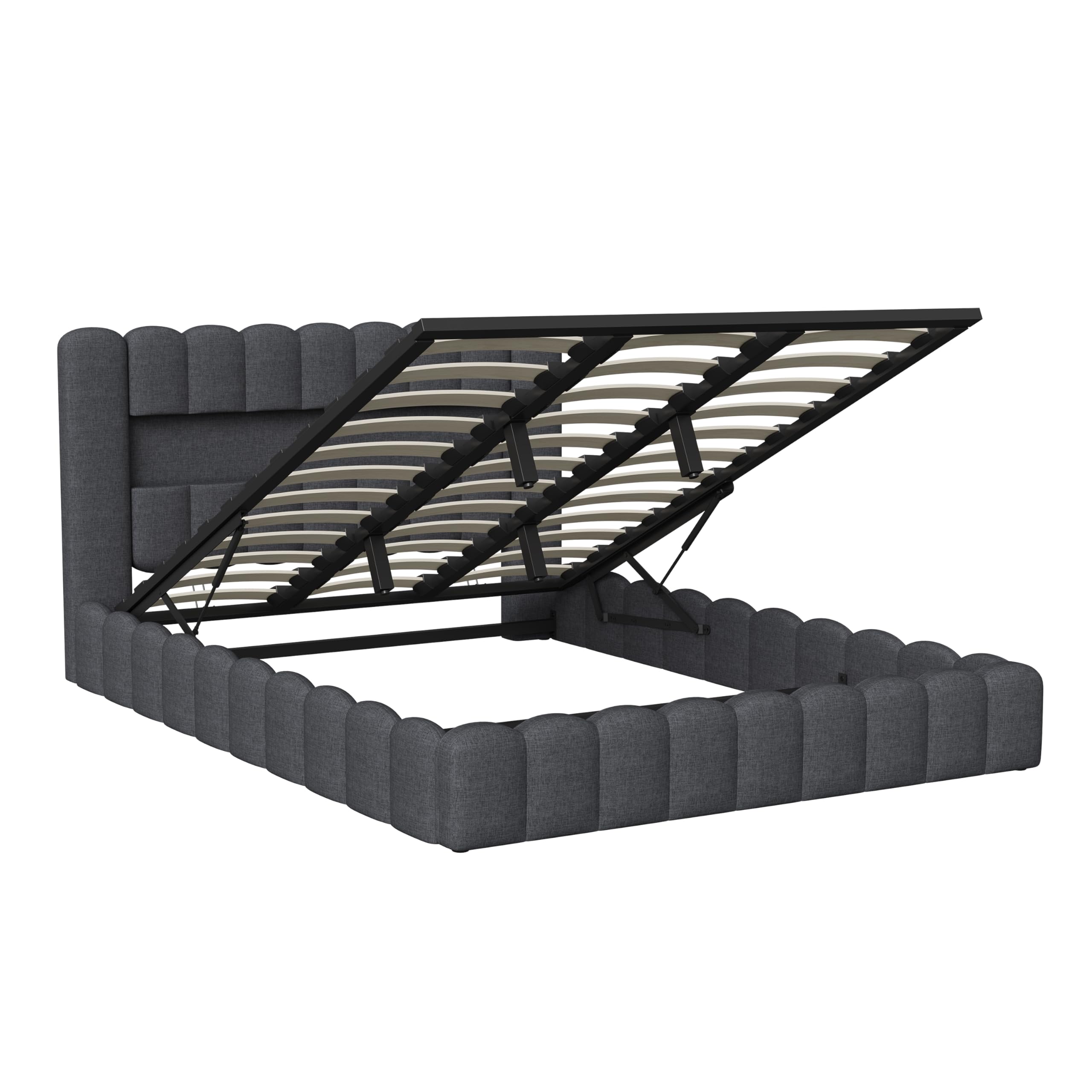 Letto contenitore 180x200 con rete a doghe e vano contenitore, letto matrimoniale con LED e USB, struttura del letto con testiera capitonné, letti a 2 piazze imbottiti, lino grigio
