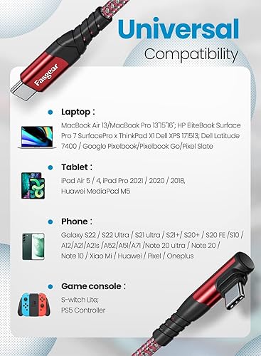 Miniatura 5 de Fasgear Cable USB C a USB C, cable USB 2.0 tipo C PD de carga rápida de 3 pies y 60 W, cargador de 90 grados, compatible con Galaxy S22/S21/S20 Rojo