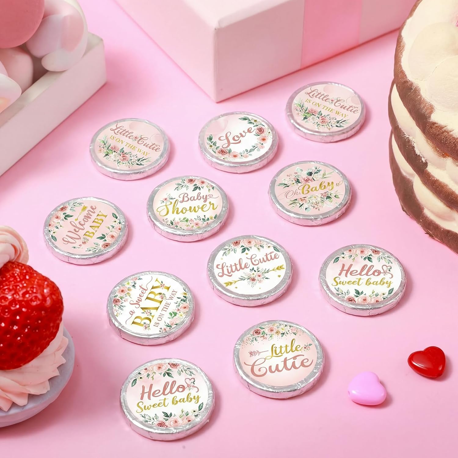 Colarr 504 Pcs Floral Baby Shower Favors Stickers Mini Kisses Candy Stickers Pink Floral Love Labels Little Cutie Labels Decoration for Baby Shower Sprinkle Birthday Party