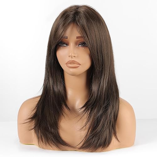 Miniatura 10 de Allbell Pelucas largas y rectas en capas marrones con flequillo de cortina, resistente al calor, pelucas sintéticas naturales para mujeres