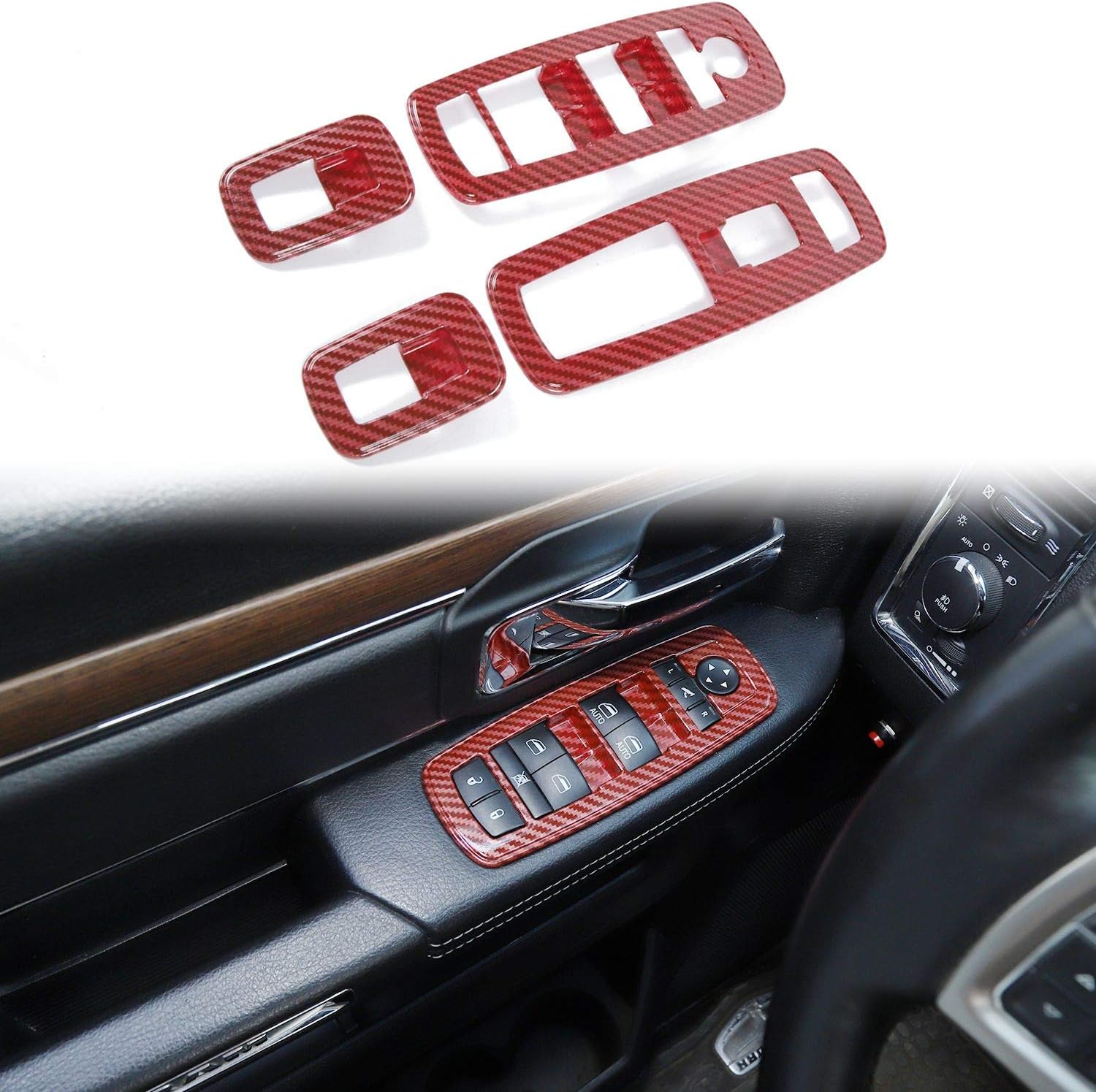Voodonala Interruptor de elevación de ventana para Dodge Charger Durango 2011-2019 para RAM 2010-2017 fibra de carbono roja ABS 4 piezas