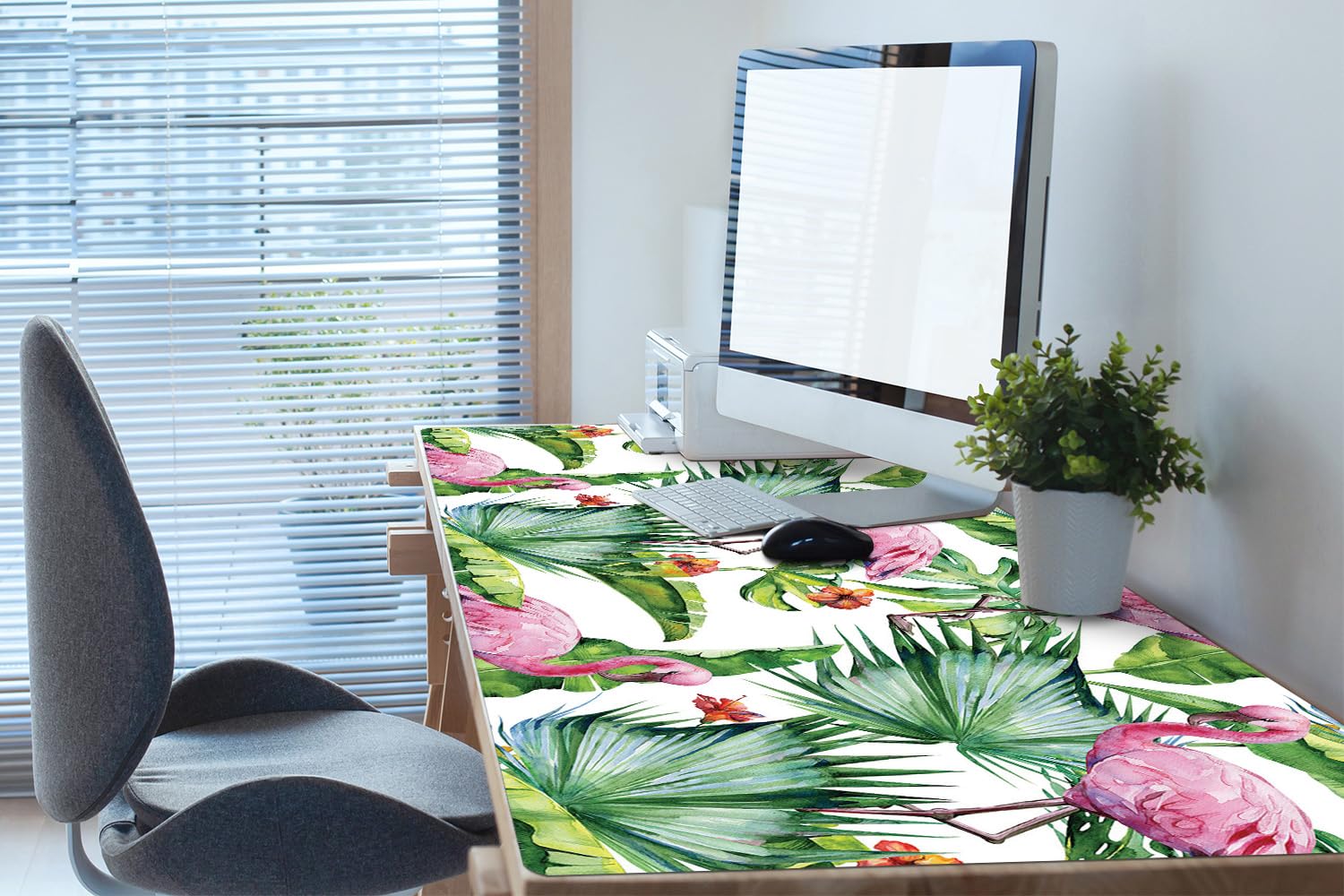 Sottomano da Scrivania 120x60 cm Superficie Protettiva Impermeabile per Ufficio e Casa Antiscivolo Protezione e Decorazione in Vinile PVC Facile da Pulire - Foglie e fenicotteri