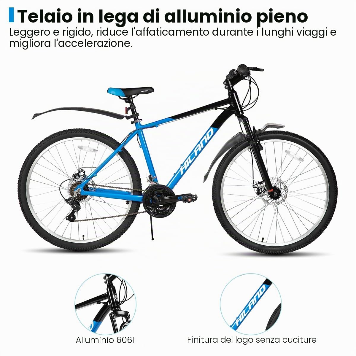 HILAND Mountain Bike 26/27,5 Pollici, 18 Velocità, MTB con Forcella Ammortizzata, Telaio in Alluminio e Freni a Disco, per Uomo e Donna, Nero/Blu/Arancione