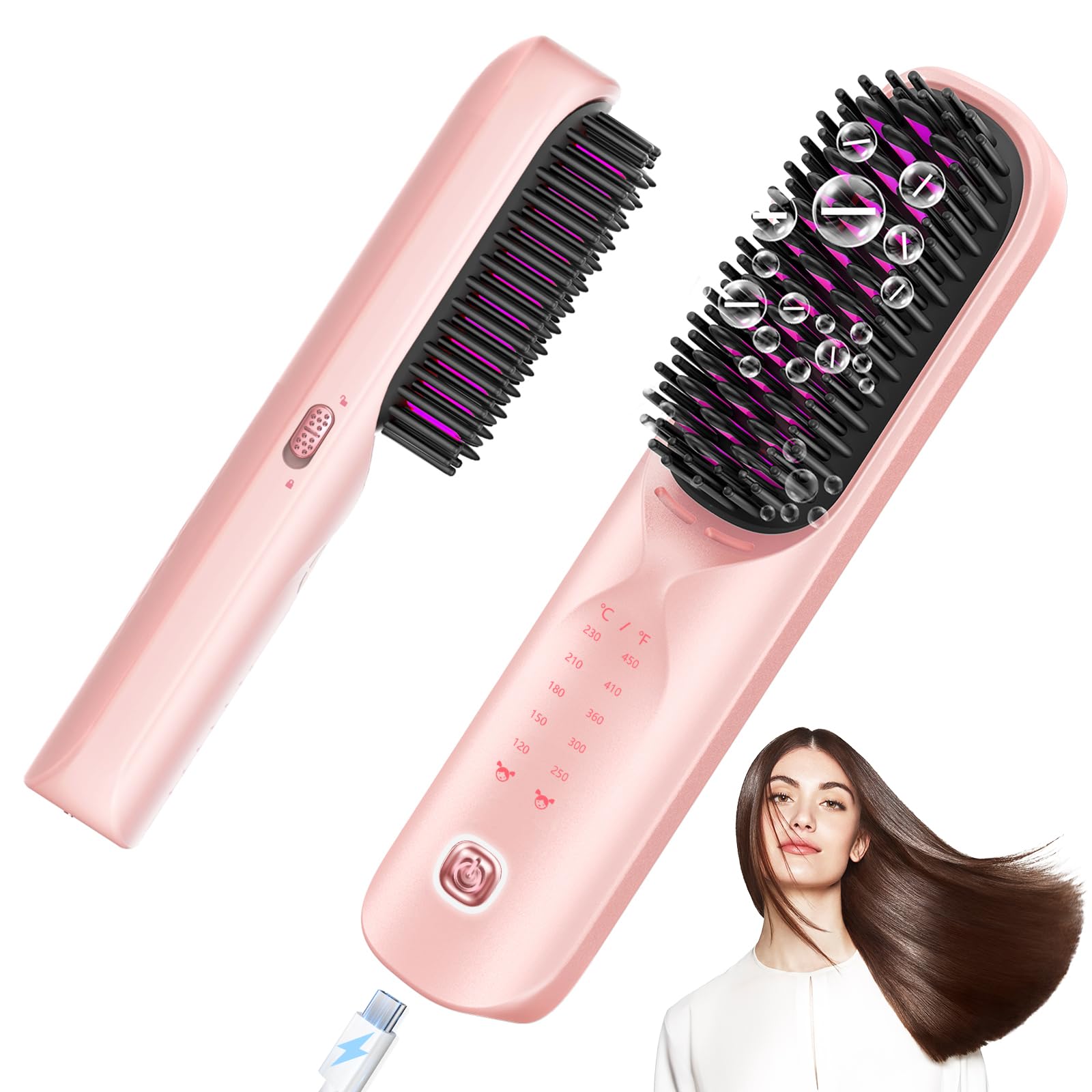 Bopcal Glättbürste Kabellos 10000mAh, 3 in 1 Haarglätter Bürste mit Millionen Negative Ionen, Wiederaufladbar Glättungsbürste für Reise, 6 Wärmestufen, Verhindert Haarziehen & Glättet Schneller