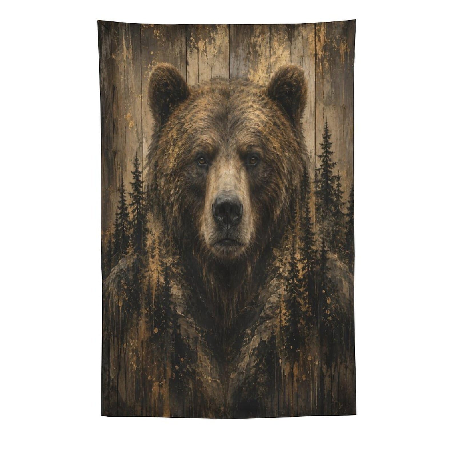 W7C8U2X3 Brown Bear Woodland Portrait Wall Tapestry, Rustic Wildlife