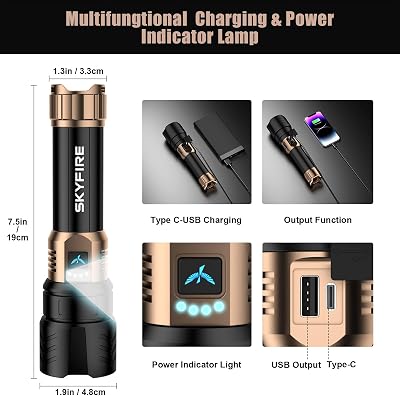 Linternas LED SKYFIRE de lúmenes altos con lente de encendido y lentes amarillas/azules que cambian de color،recargables súper brillantes de 2000 lm،con zoom, 4 modos،luz táctica impermeable para acampar،al aire libre, hogar y regalos