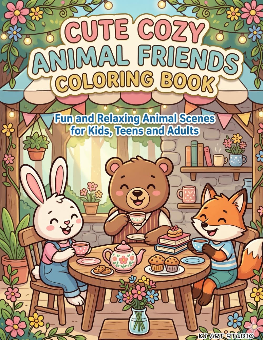 Cute Cozy Animal Friends Coloring Book: Fun and Relaxing Animal Scenes for Kids, Teens and Adults