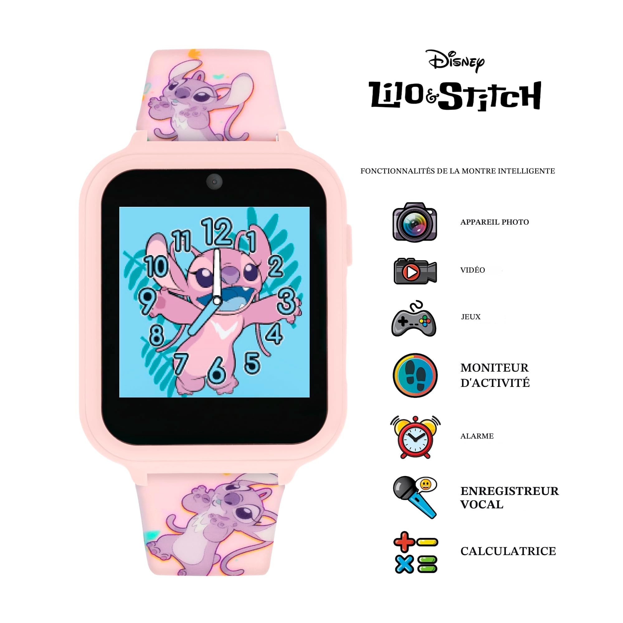 Disney Kids Lilo & Stitch Ange Digital Interactive Smart Watch avec Bracelet en Silicone LAS4088, Rose, Moderne