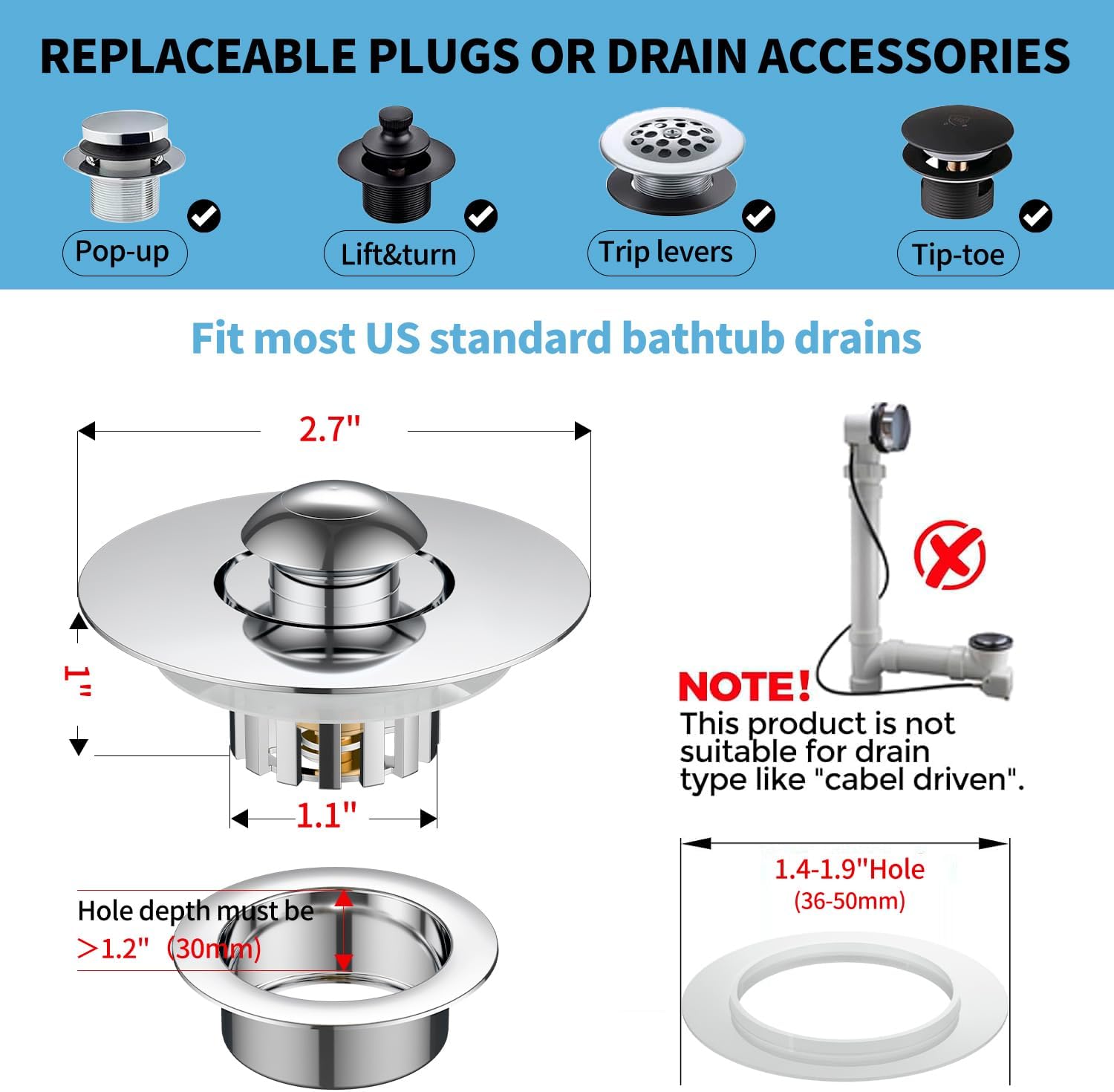 Bathtub Drain Stopper with Hair Catcher, Pop Up Tub Stopper Plug Cover with Filter Basket, Separate Design for Easy to Clean, Anti-Clogging, Universal for 1.4"-1.9" Hole - Image 6