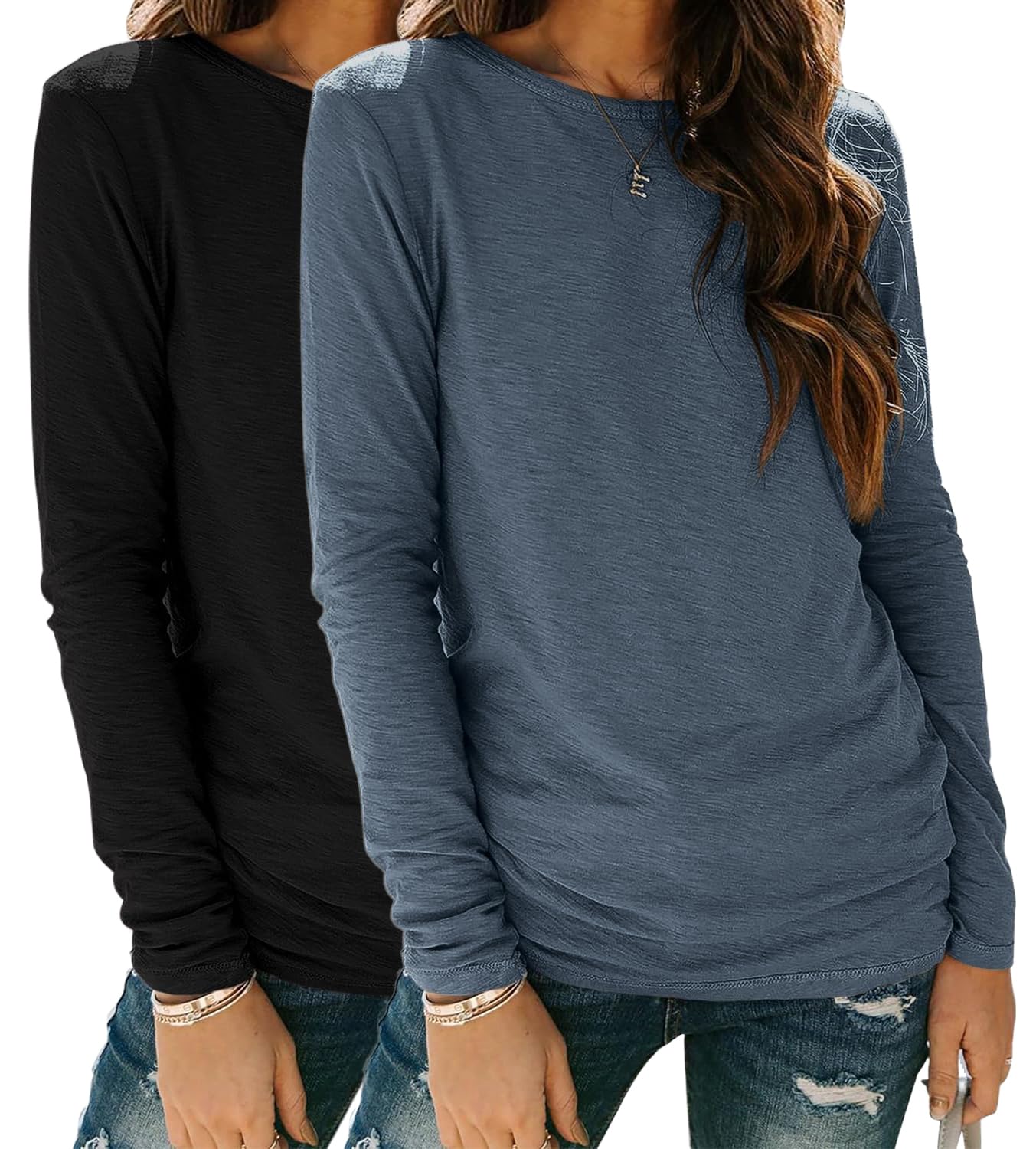 YUTILA Damen Langarmshirt 95% Baumwolle Rundhals Casual Basic Longsleeve | Einfarbig Weich Lässig Oberteile, Langarm T-Shirt, Herbst Winter, Für Alltag Büro Freizeit, 1er/2er-Pack