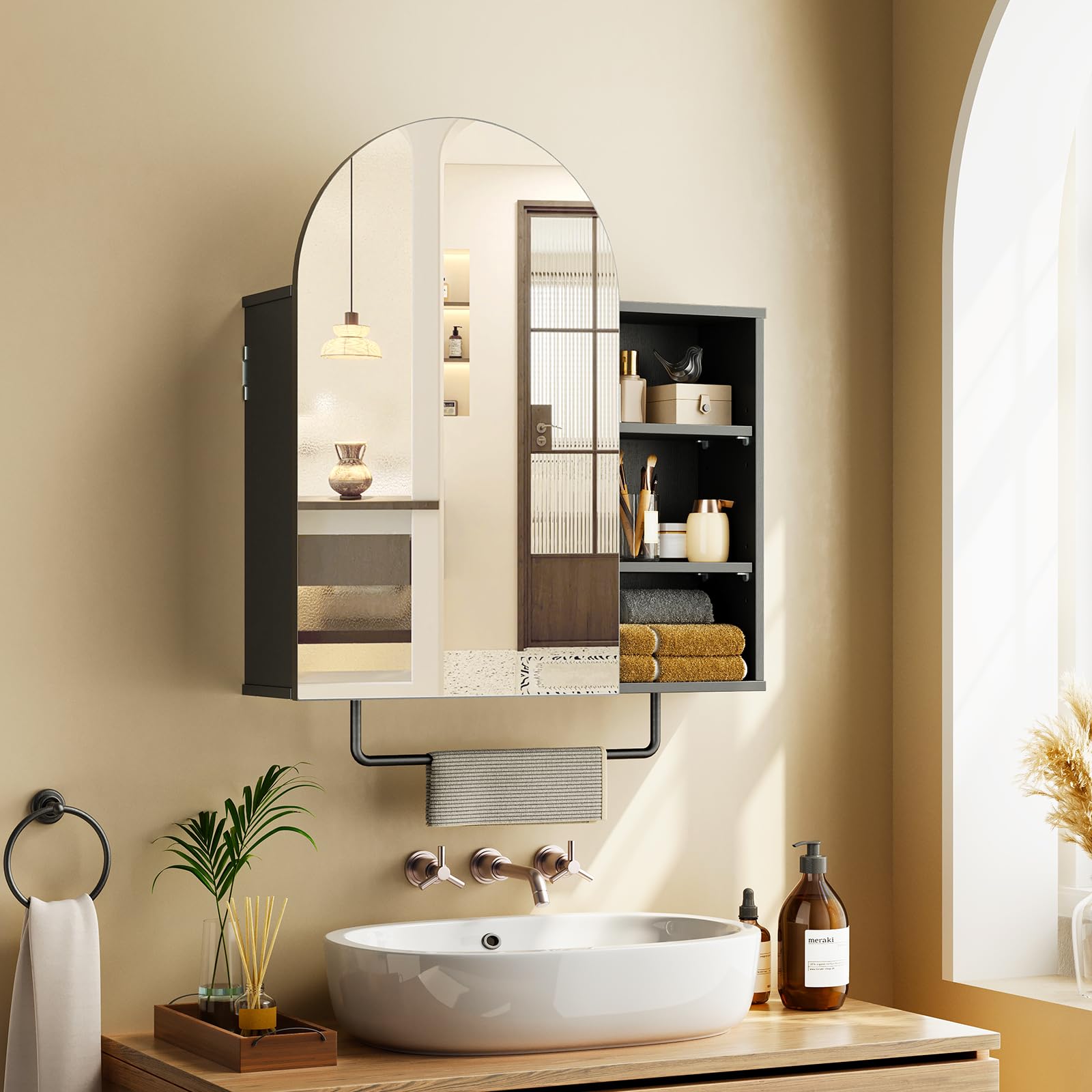 RALGEND Bathroom Medicine Cabinet with Mirror, Bathroom Mirror with Storage, Arched Black Bathroom Vanity Mirror Cabinet with 2 Adjustable Shelves &