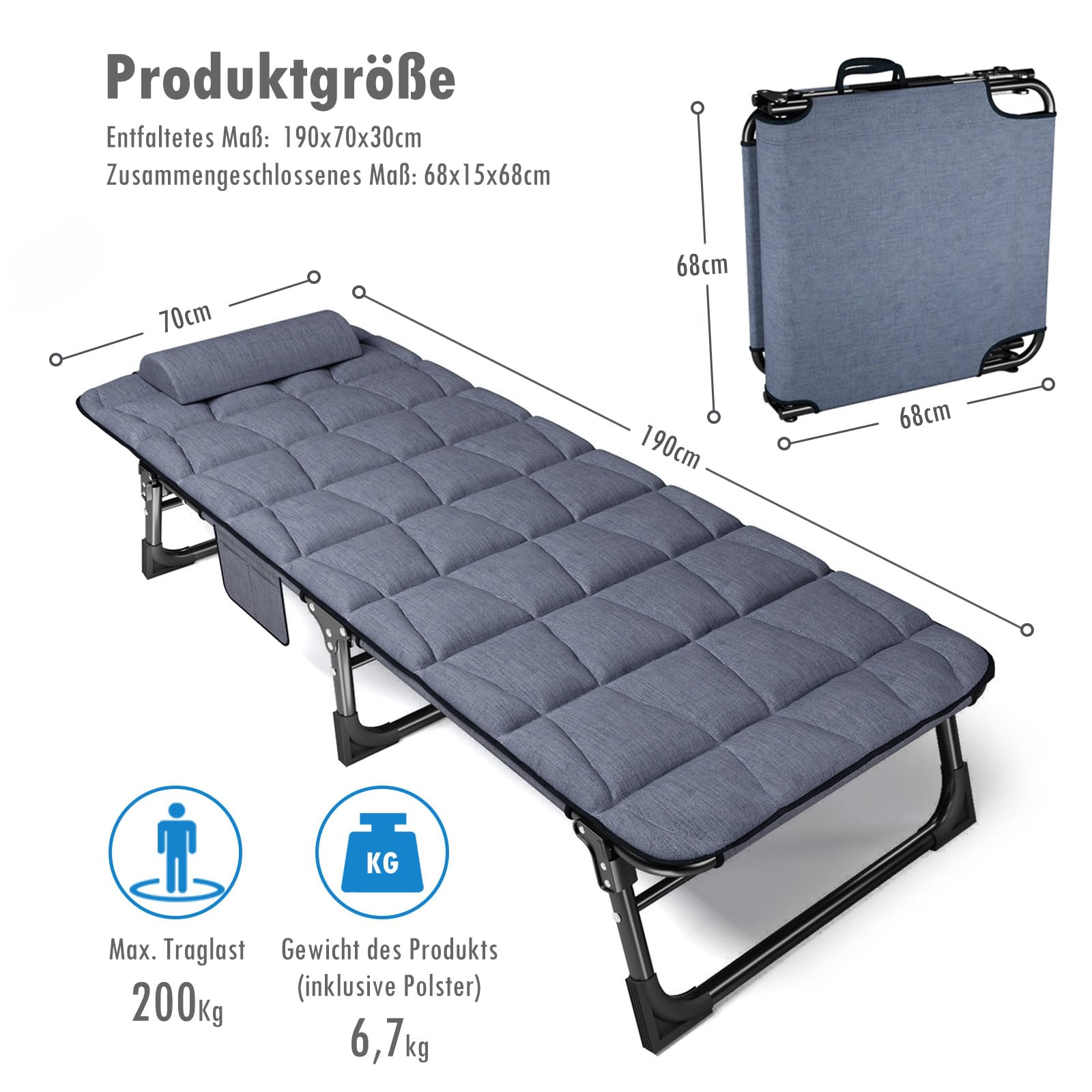 ATORPOK SHOP klappbare Sonnenliege mit 4 Positionen verstellbaren Rückenlehnen, tragbare vielseitige Campingbett-Liegestuhl-Kombination für Garten, Pool, Patio, gepolsterter Matratze & Kissen - Blau