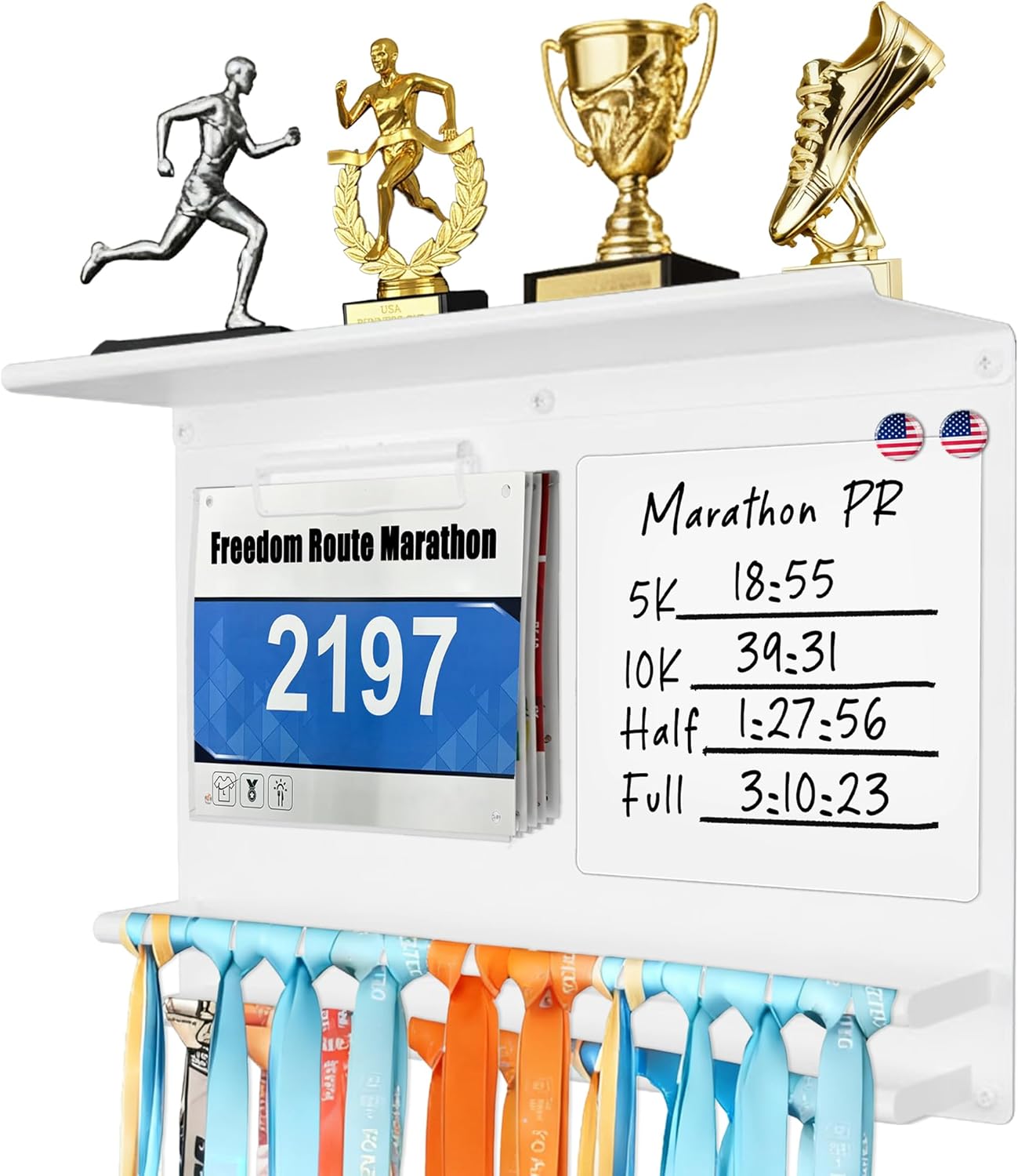 Running Medal Display with Trophy Shelf, Race Bib Holder and Whiteboard, 2-Bar Medal Holder for 50+ Medals with Flag Magnets, Marker, Wall Mounted, Black
