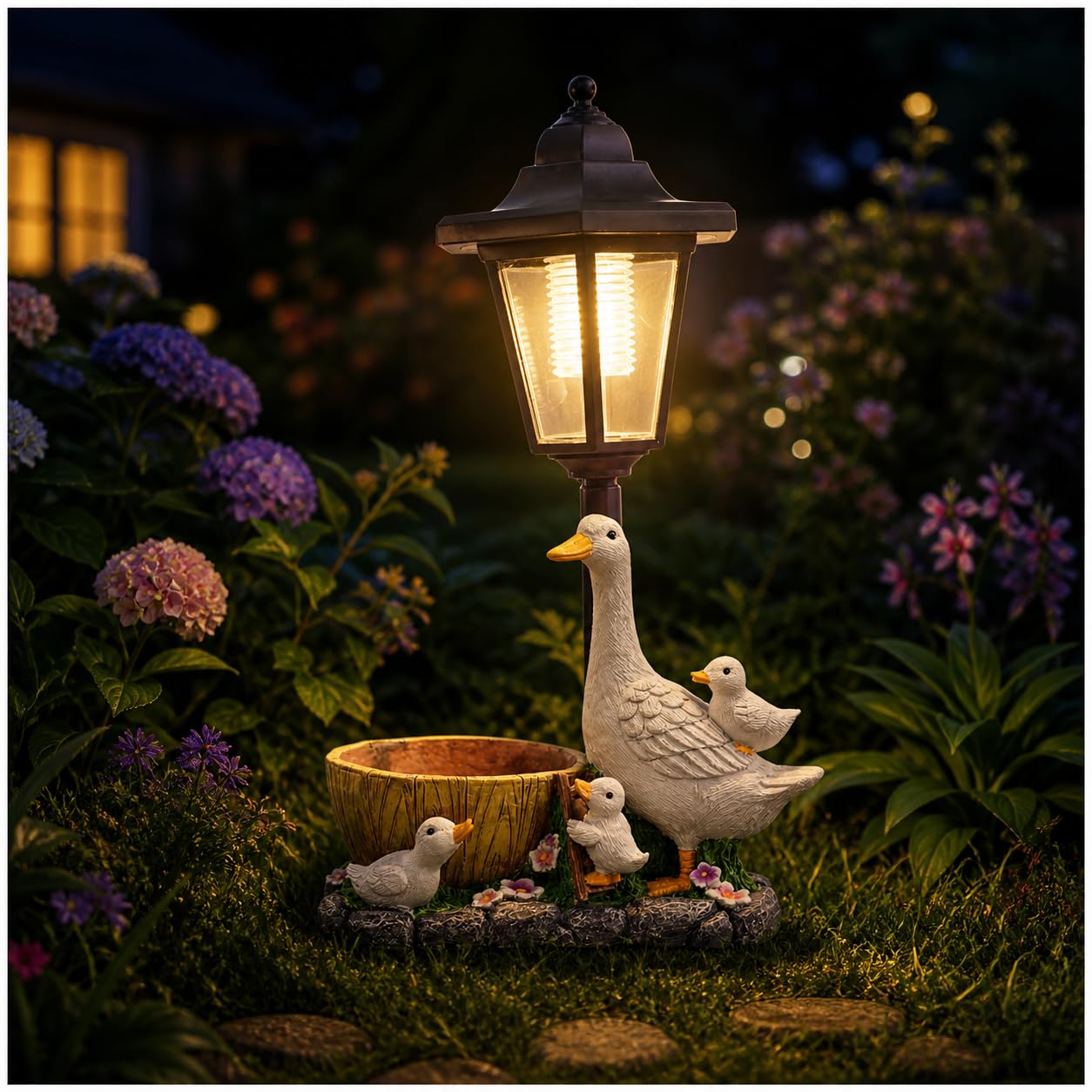 W-Direct Solar Garden Light with Planter and Statues (Duck Family) – Outdoor LED Solar Lantern Statue, Decorative Resin Yard Lawn Patio Light, Auto On/Off Duck Figurine Lamp Post