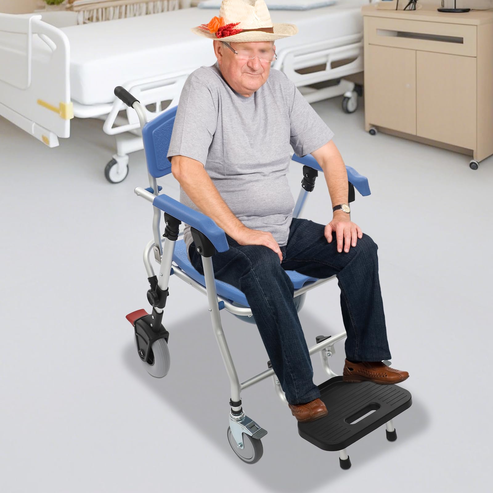 Krzesło prysznicowe, toaletowe z kółkami dla seniorów, do 150 kg, składany wózek inwalidzki z podłokietnikami i oparciem, dla chorych, osób starszych, niepełnosprawnych i kobiet w ciąży (twarda