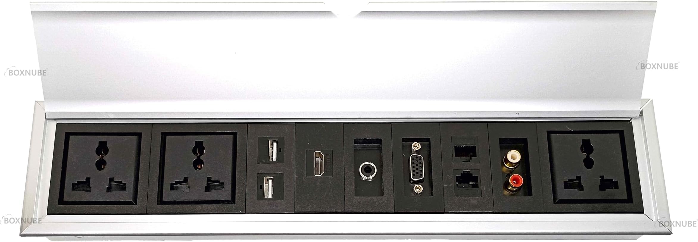Fliptop Box Cable Cubby Extension Board with Universal Power Sockets, LAN, HDMI, VGA, Aux, USB & 2RCA Ports (Silver)