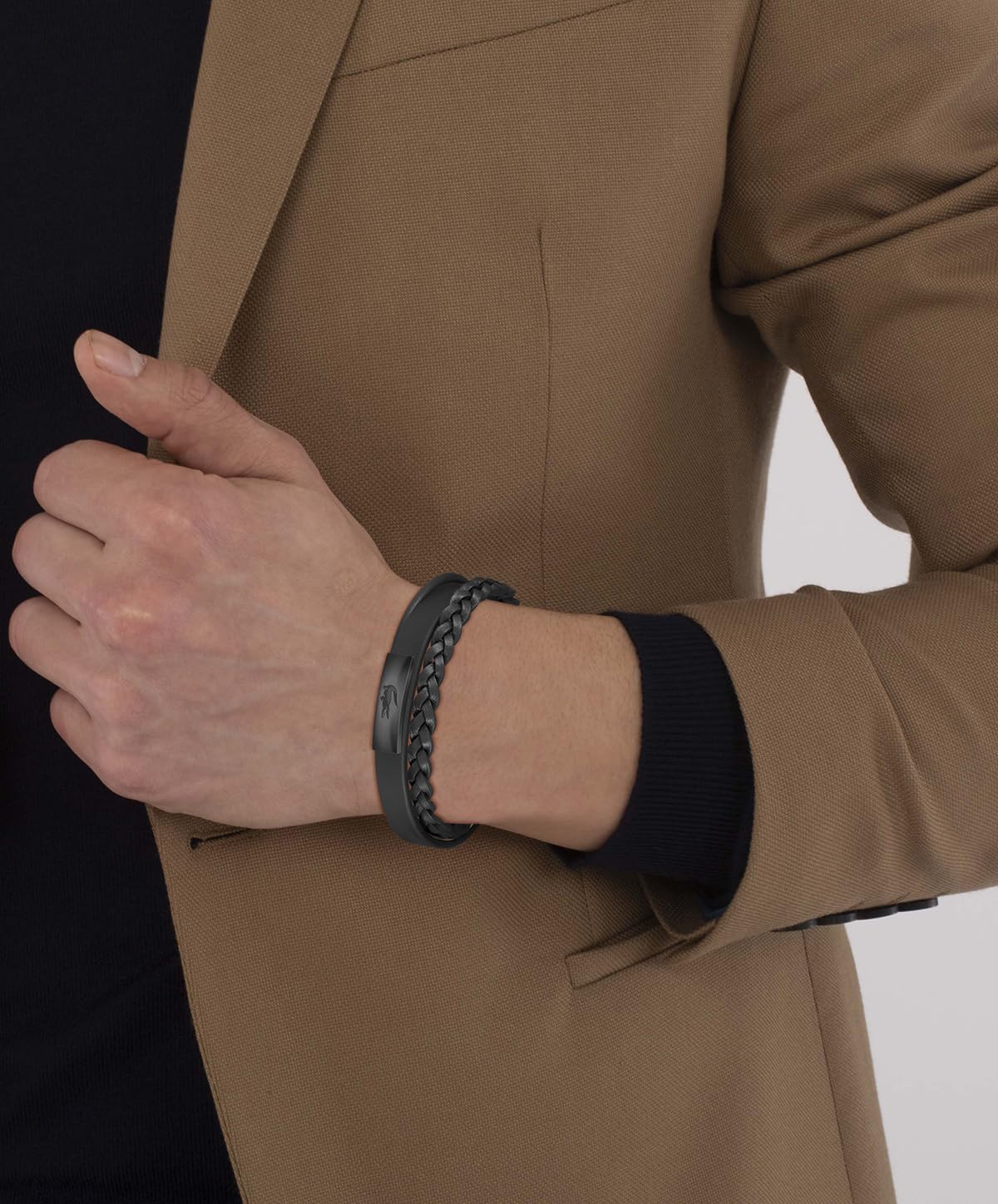 Lacoste Bransoletka męska FUSION, Standard, Czarna stal i czarna skóra jonowa, Bez kamieni szlachetnych