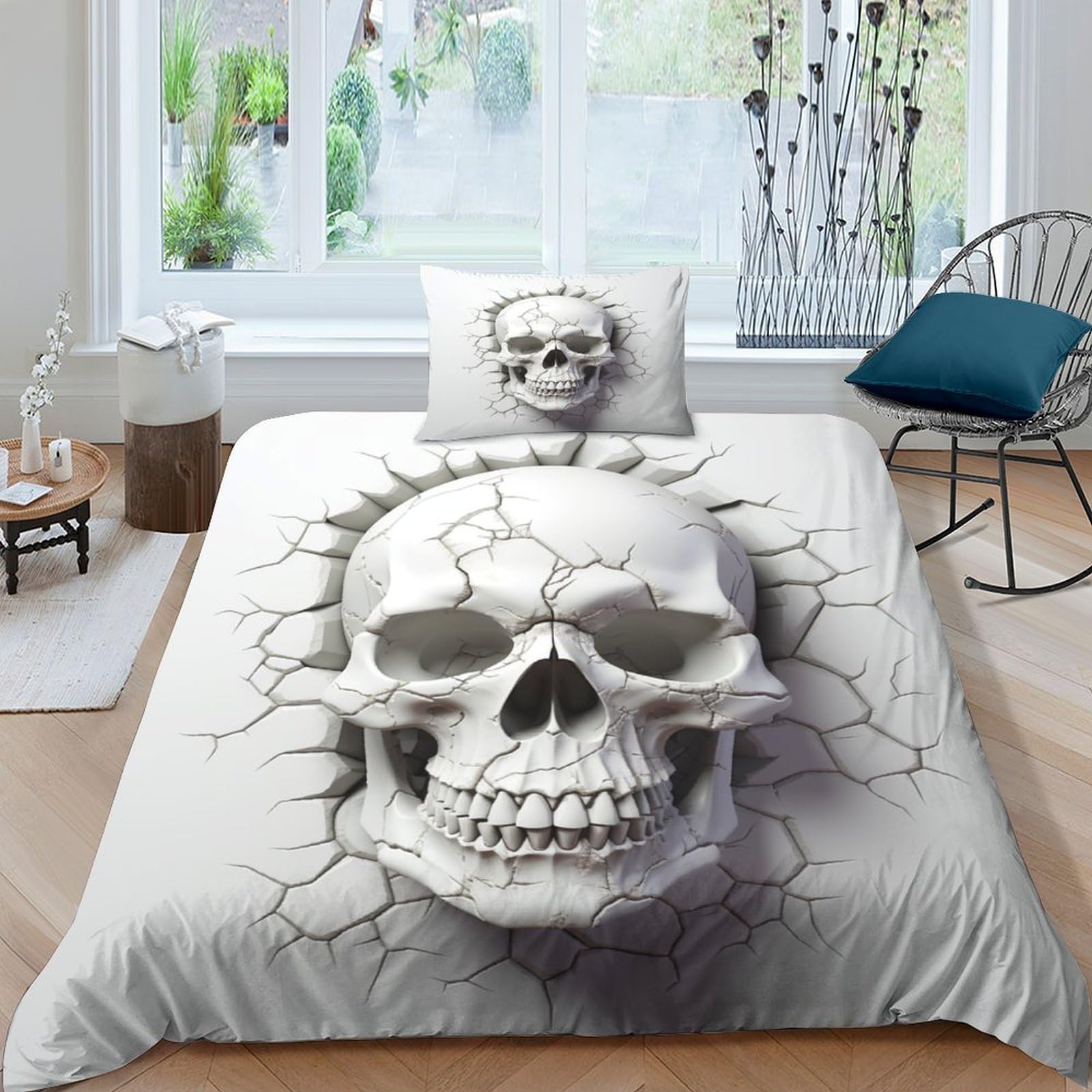 3D Skeleton Microfiber Duvet Cover 2 Pieces Reversible Realistic Skull Quilt Cover Easy Care Comforter Cover with Easy Care Pillowcases for Kids Adult Teens All Seasons Bedding Single（135x200cm）