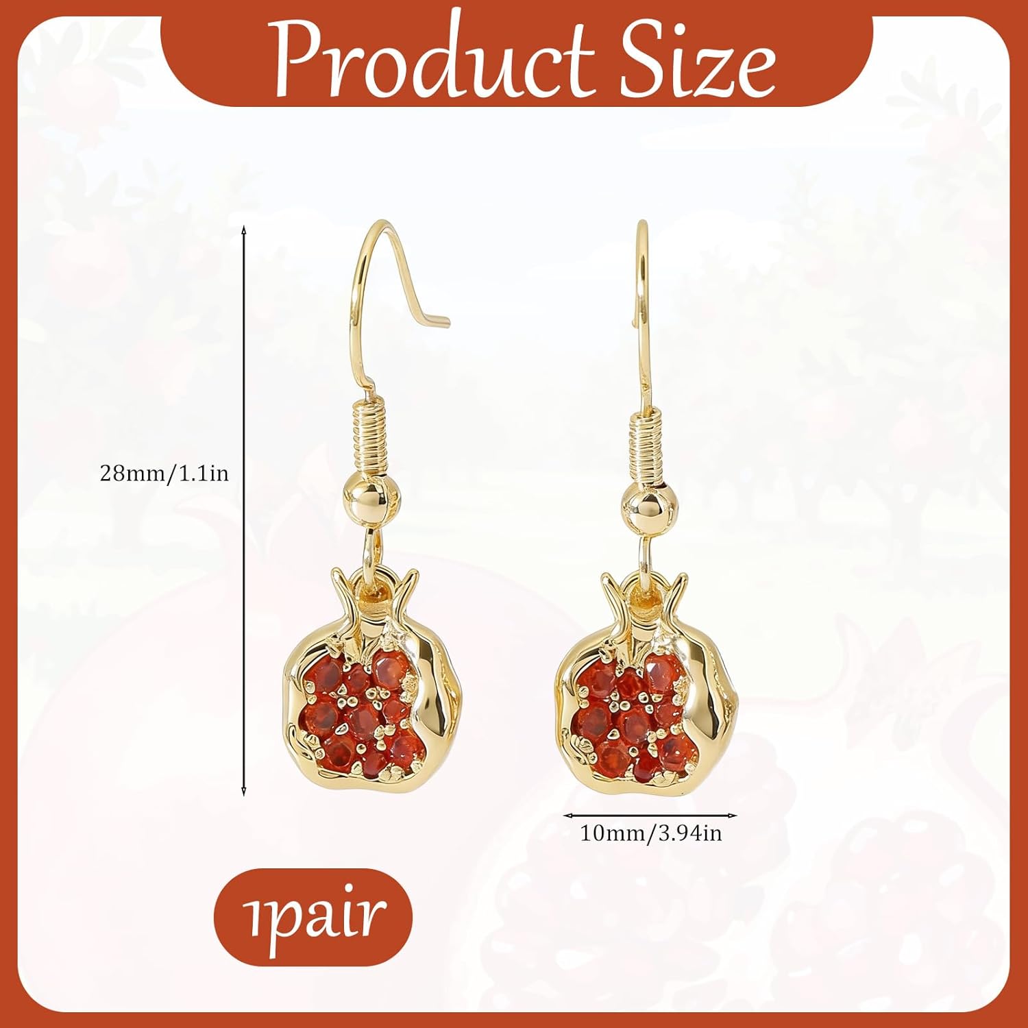 Gold Plated Pomegranate Hoop Earrings for Women,Elegant Cubic Zirconia Inlaid Copper Earrings,Irregular Steric Red Pomegranate Fruit Pendant Earring,Vintage-Inspired Statement Jewelry Gifts - Image 2