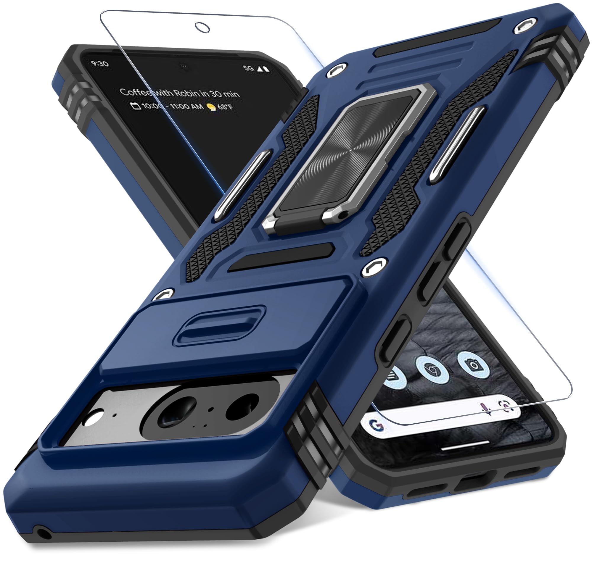 DEERLAMN Case for Google Pixel 8 with Slide Camera Cover+Screen Protector (1 Pack), Rotated Ring Kickstand Military Grade Shockproof Heavy Duty Protective Cover-Navy Blue